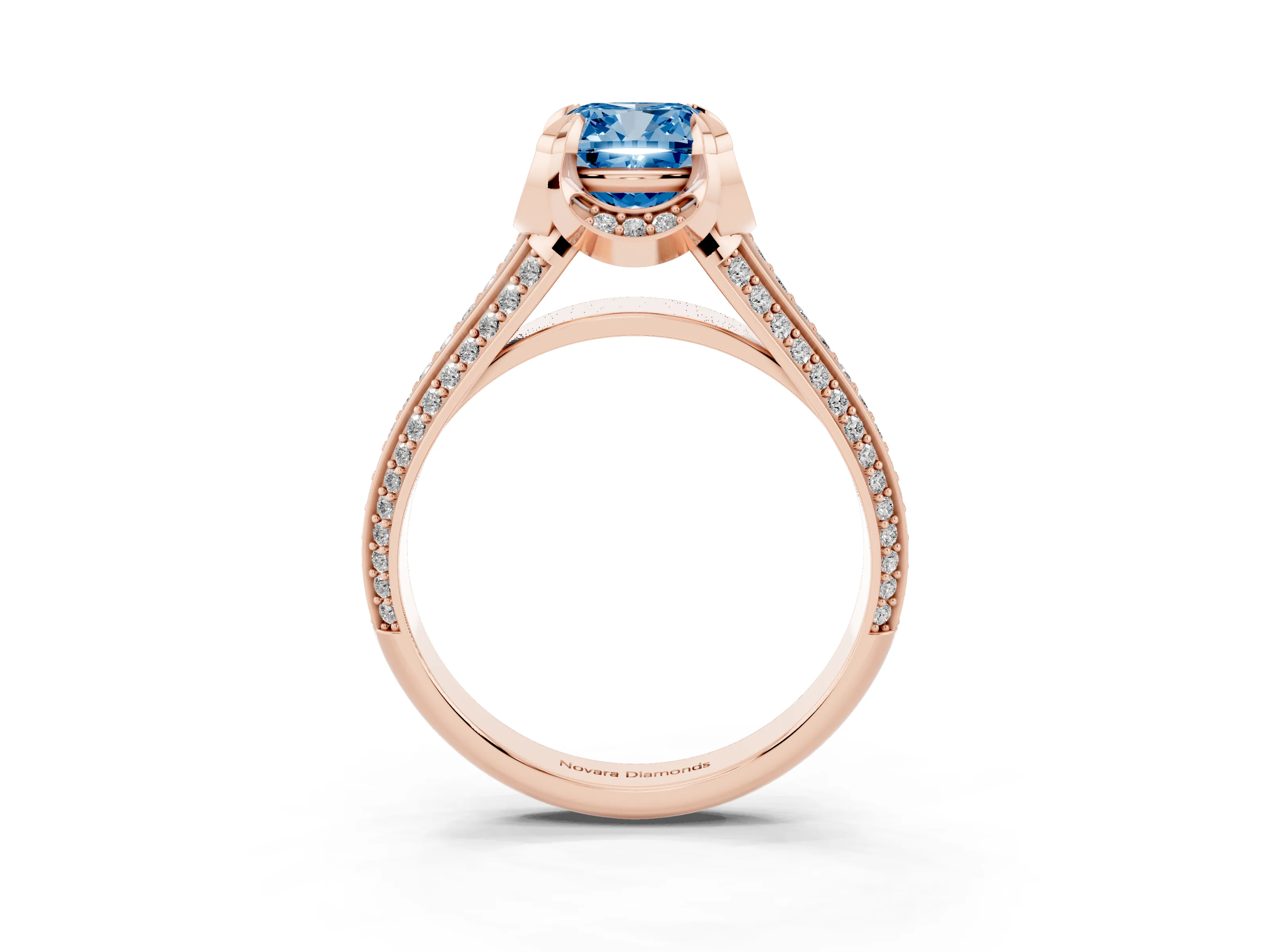 Fancy Blue Cushion Cut Diamond Pavé Split Shank Solitaire Ring Set in Rose gold with Prong Setting