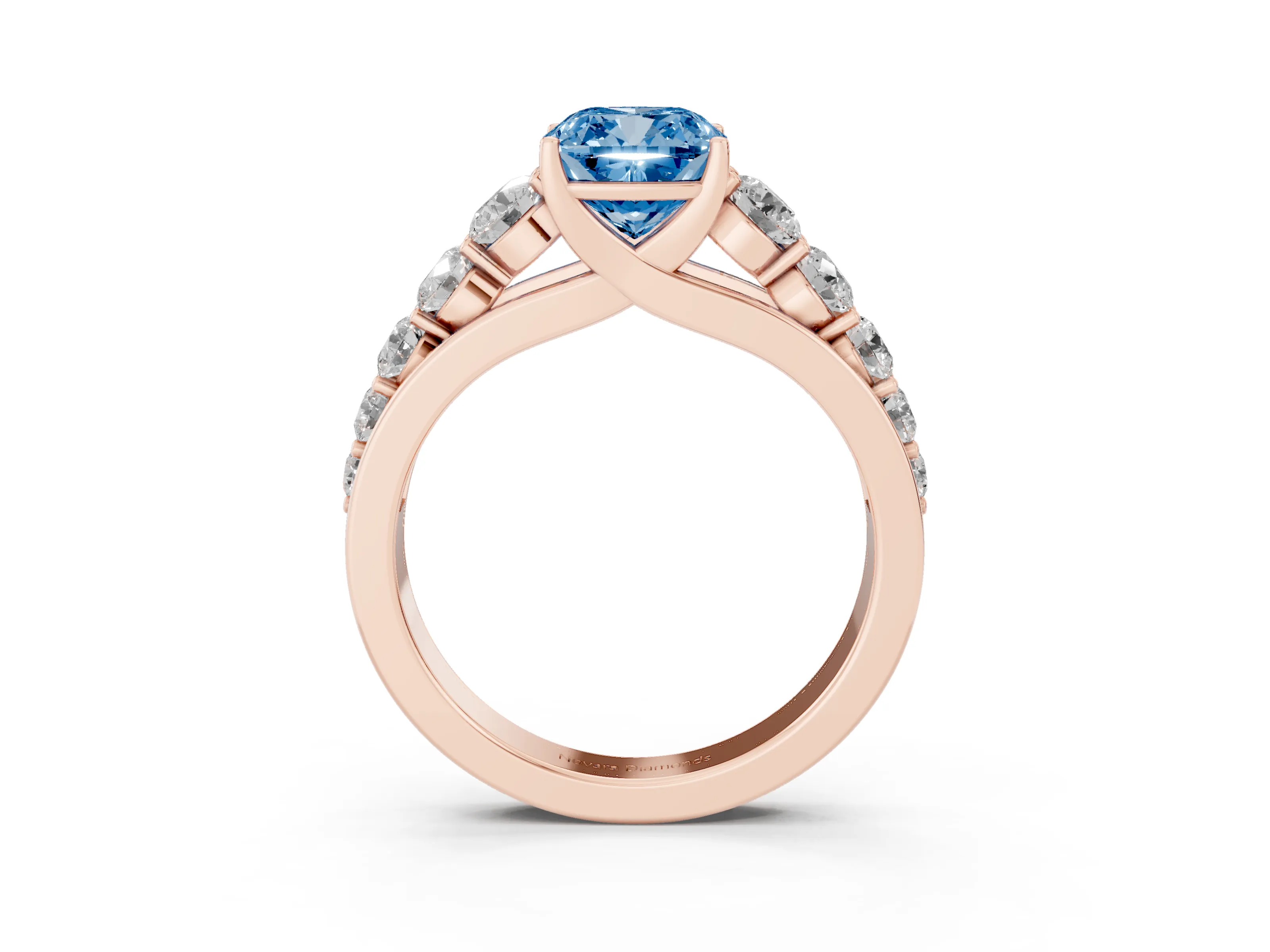 Fancy Blue Cushion Cut Diamond Solitaire Ring Set in Rose gold with Pavé-Set Band and Prong Setting