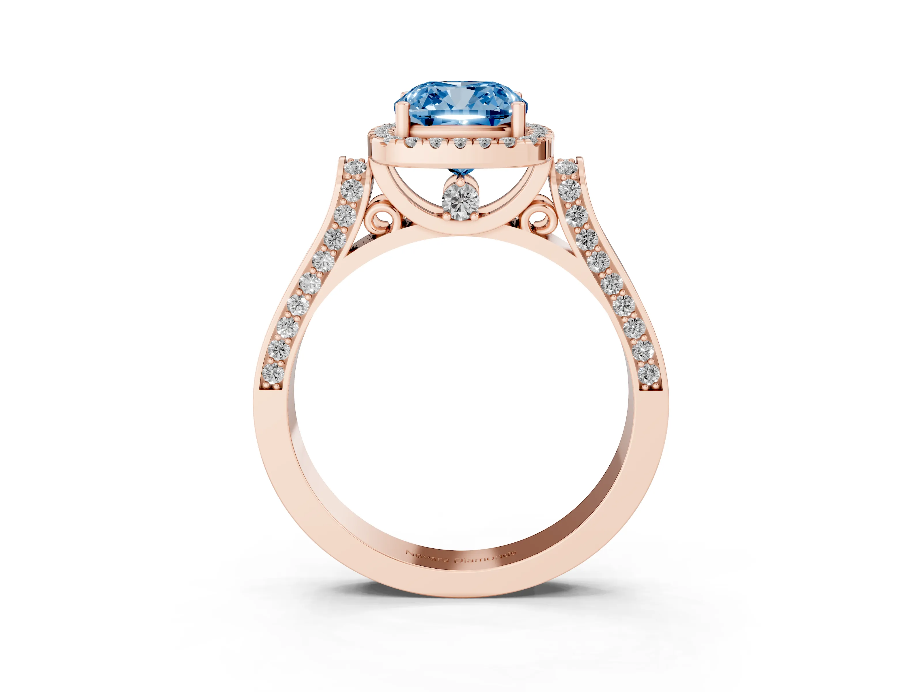 Fancy Blue Cushion Cut Diamond Halo Ring Set in Rose gold with Pavé-Lined Split Shank Band