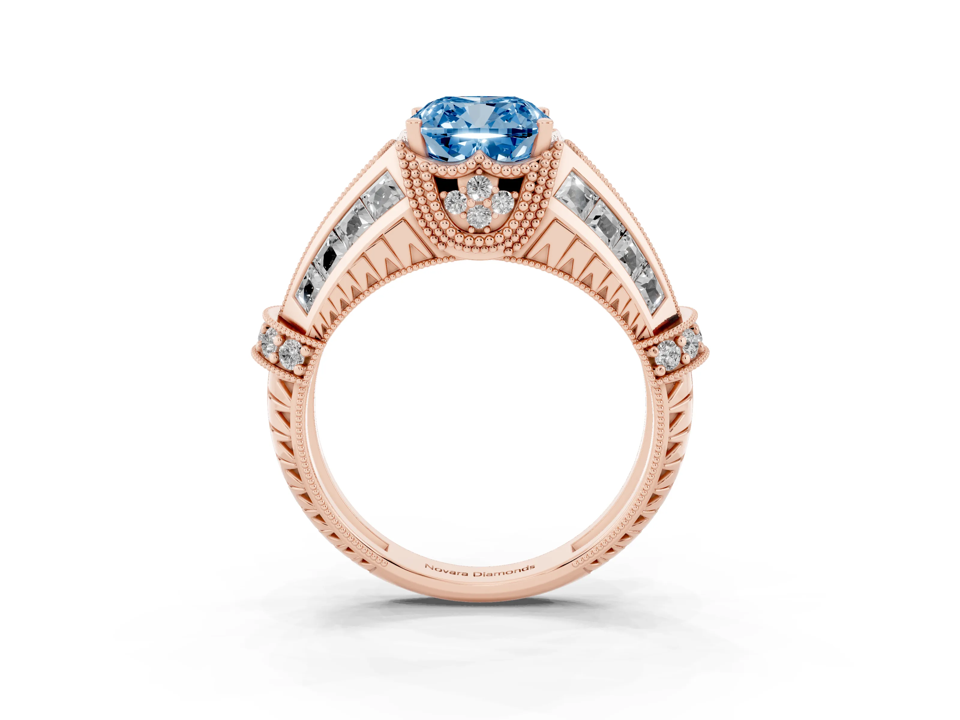 Fancy Blue Cushion Cut Diamond Vintage-Inspired Milgrain Ring Set in Rose gold with Accent Split Shank