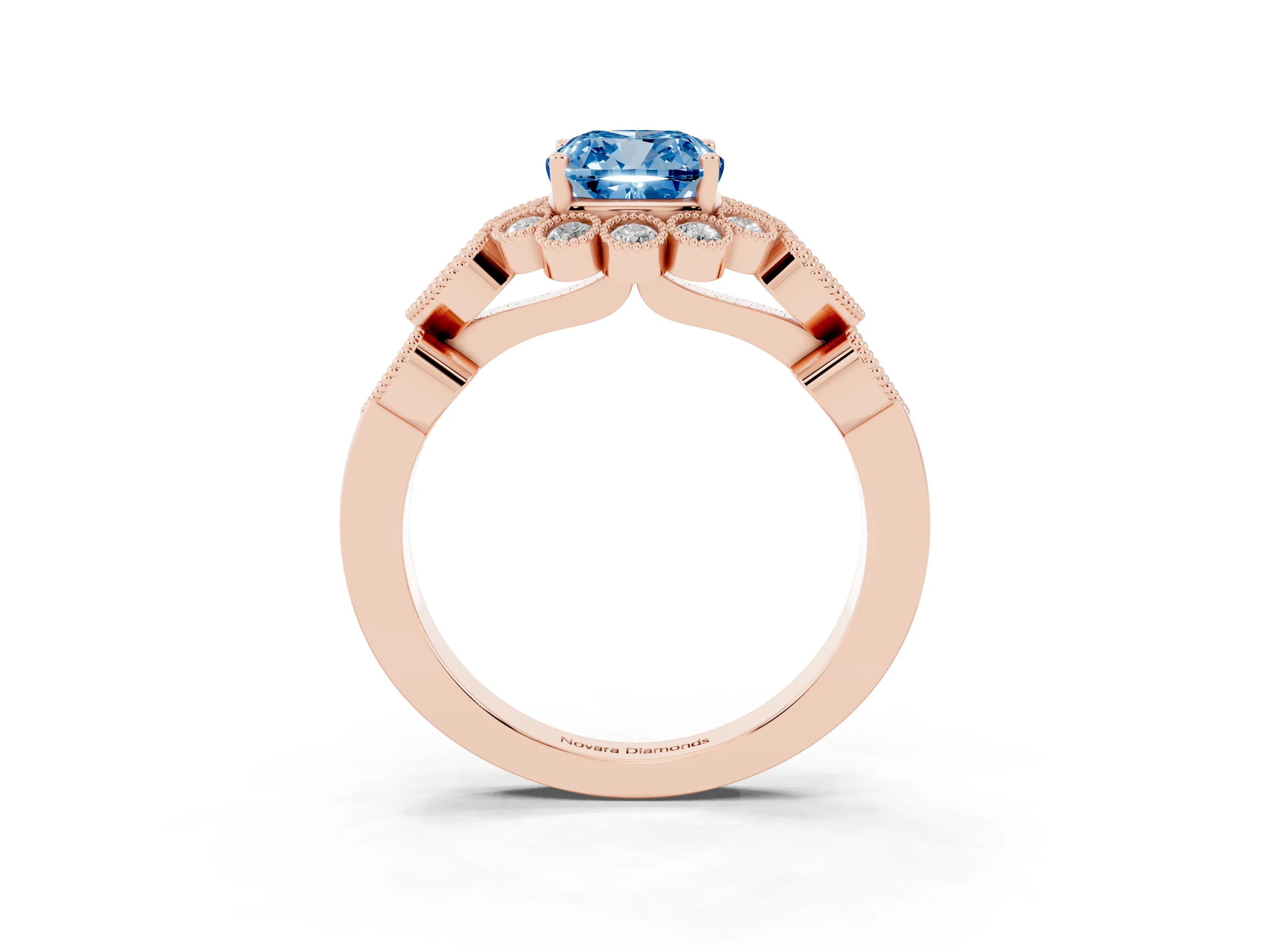 Fancy Blue Cushion Cut Diamond Solitaire Ring Set in Rose gold with Milgrain Pavé Heart Band