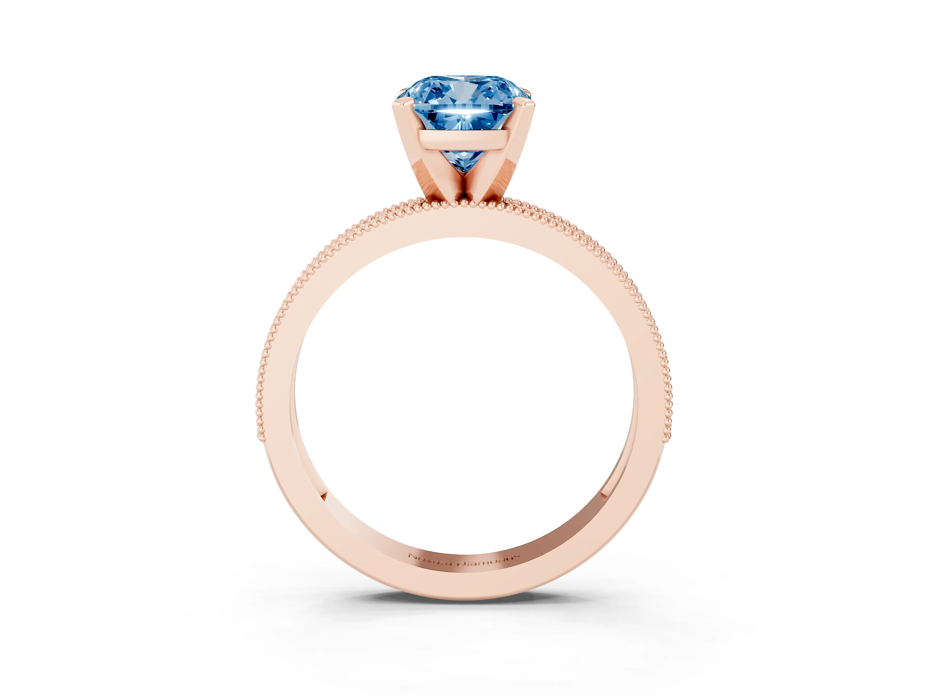 Fancy Blue Cushion Cut Diamond Milgrain Pavé Engagement Ring Set in Rose gold with Prong Setting