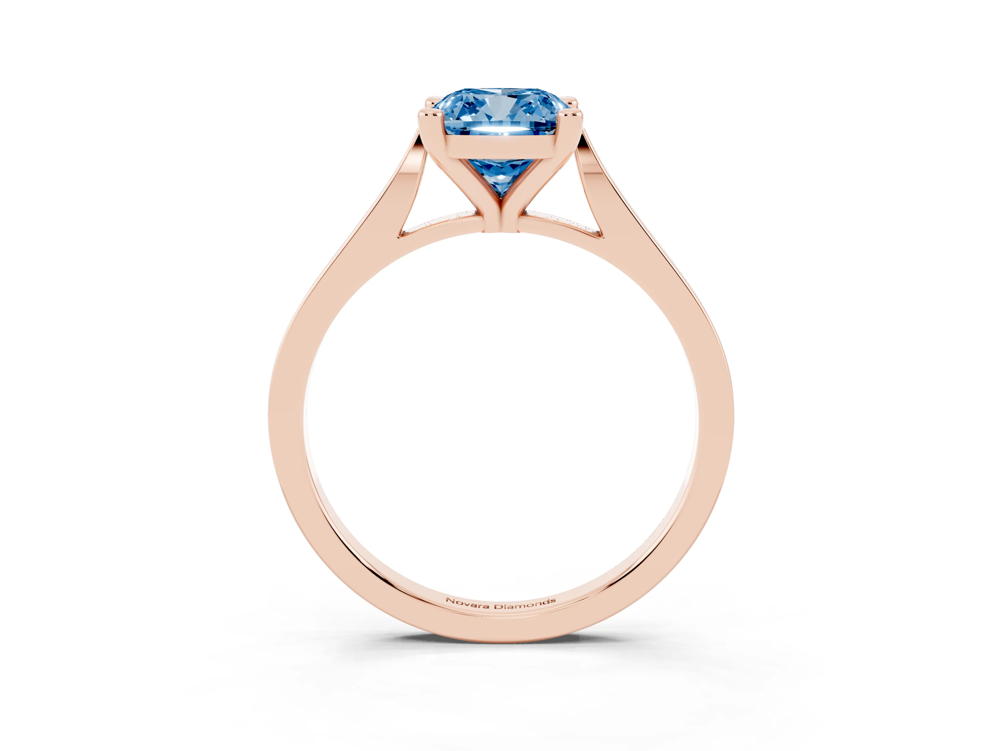 Fancy Blue Cushion Cut Diamond Solitaire Ring Set in Rose gold with Prong Setting and Tapered Band