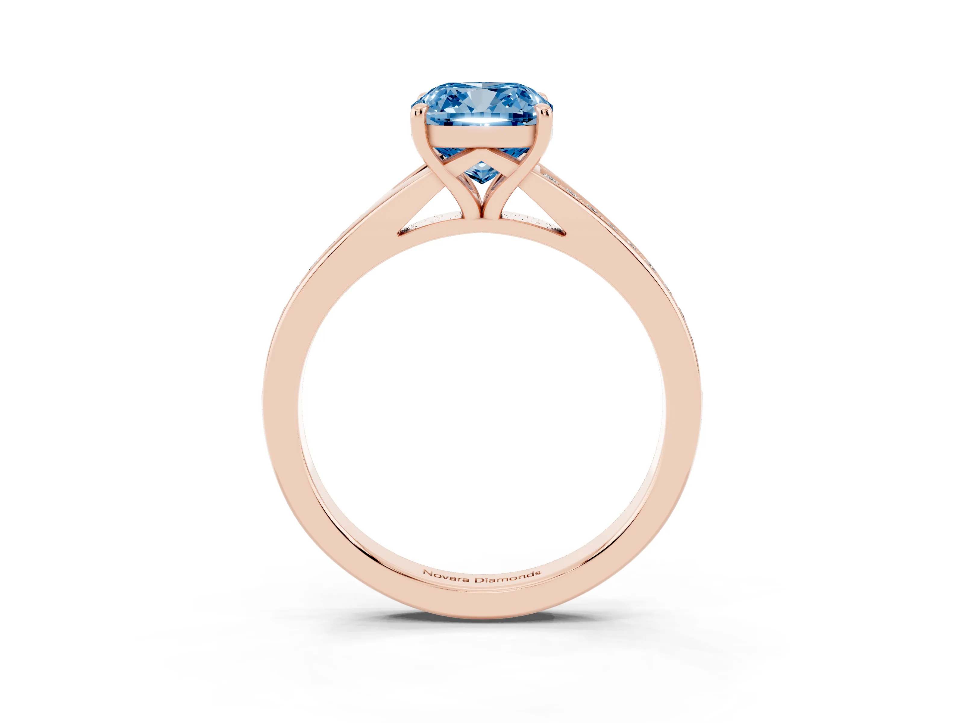 Fancy Blue Cushion Cut Diamond Solitaire Ring Set in Rose gold with Pavé Accent Band and Classic Prong Setting