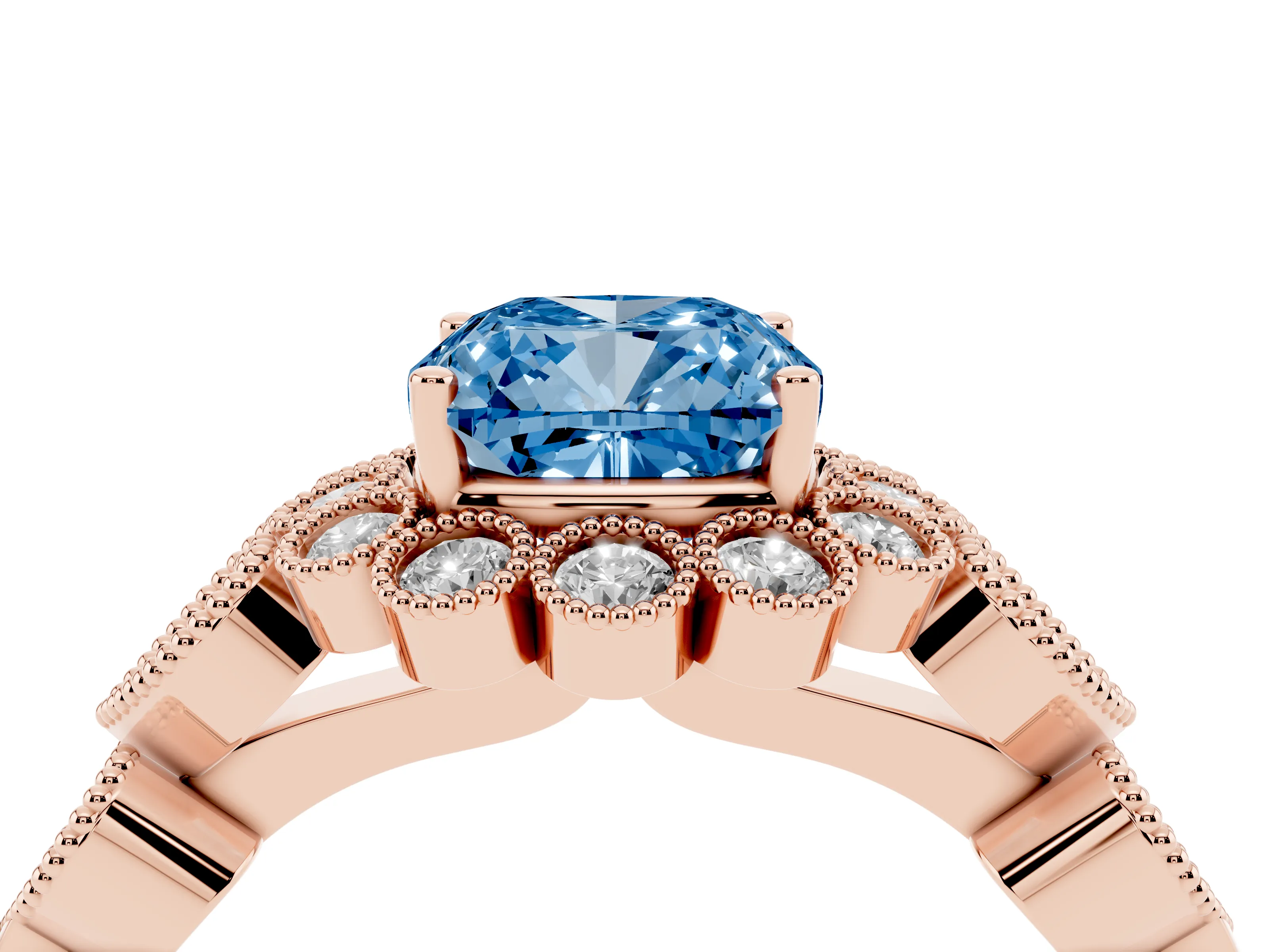 Fancy Blue Cushion Cut Diamond Solitaire Ring Set in Rose gold with Milgrain Pavé Heart Band