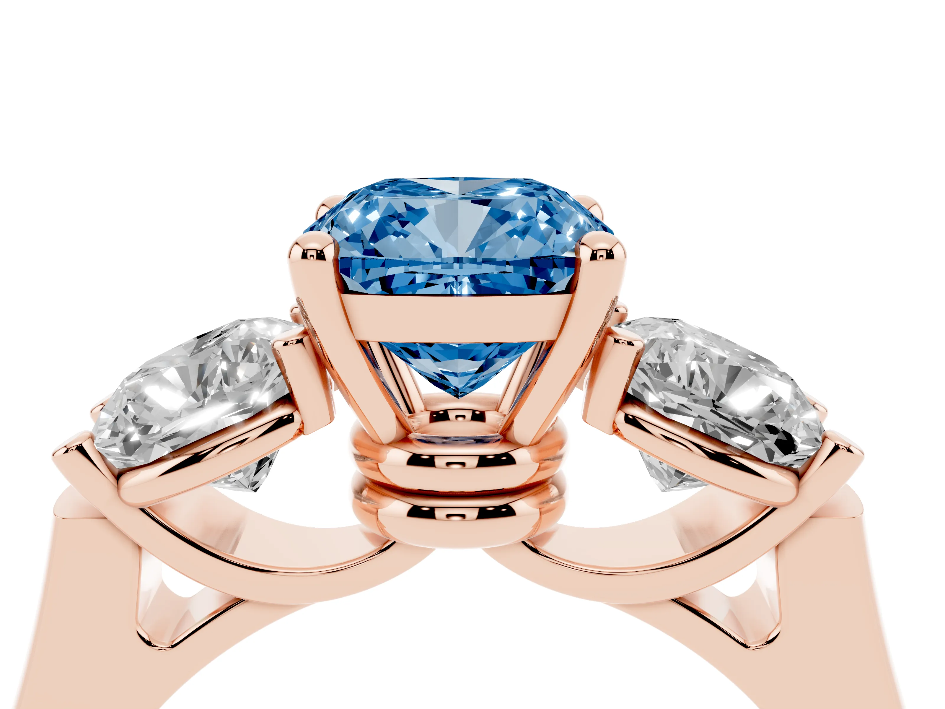 Fancy Blue Cushion Cut Diamond Three-Stone Trellis Ring Set in Rose gold with Comfort Fit Band