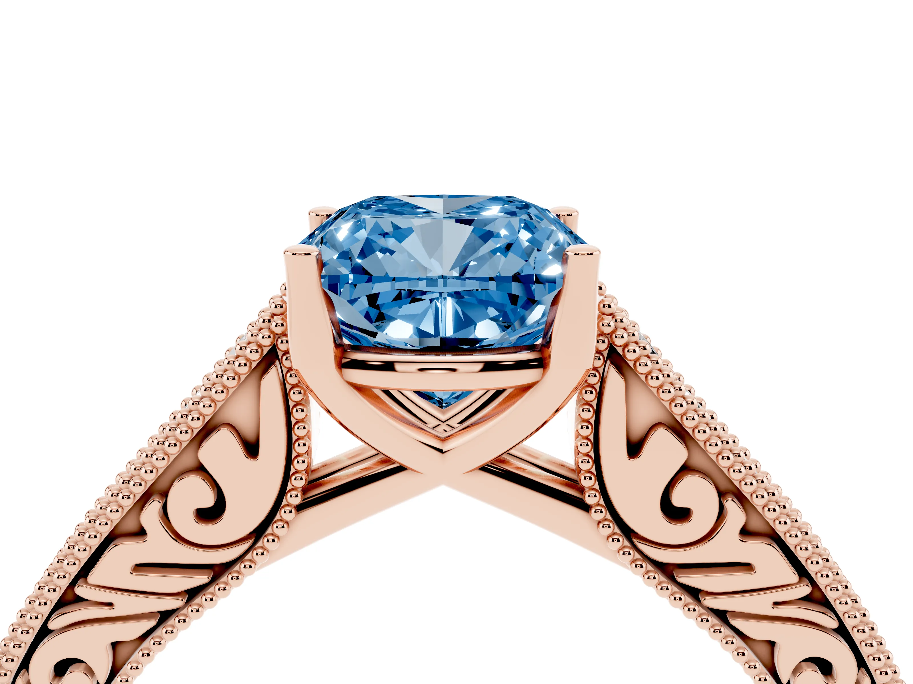 Fancy Blue Cushion Cut Diamond Milgrain Pavé Band Solitaire Ring Set in Rose gold with Prong Setting