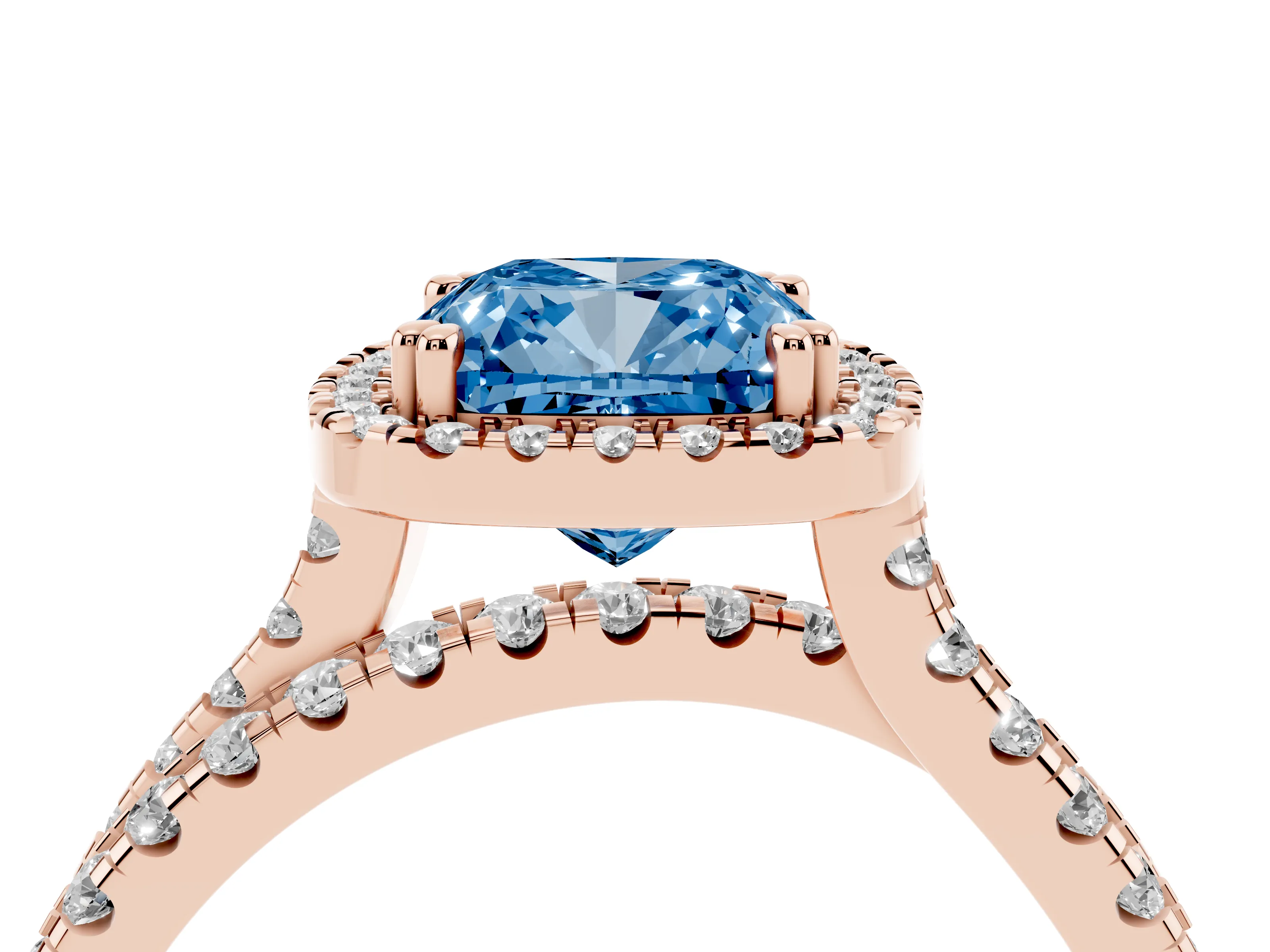 Fancy Blue Cushion Cut Diamond Halo Split Shank Ring Set in Rose gold with Pavé Setting
