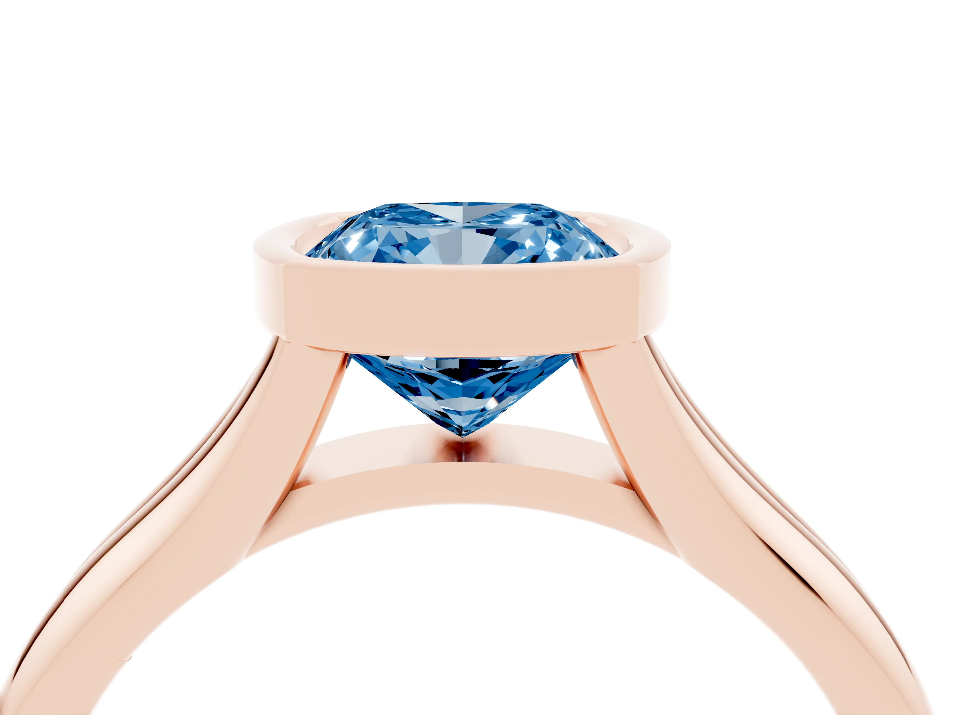 Fancy Blue Bezel Set Cushion Cut Diamond Solitaire Ring Set in Rose gold with Smooth Band