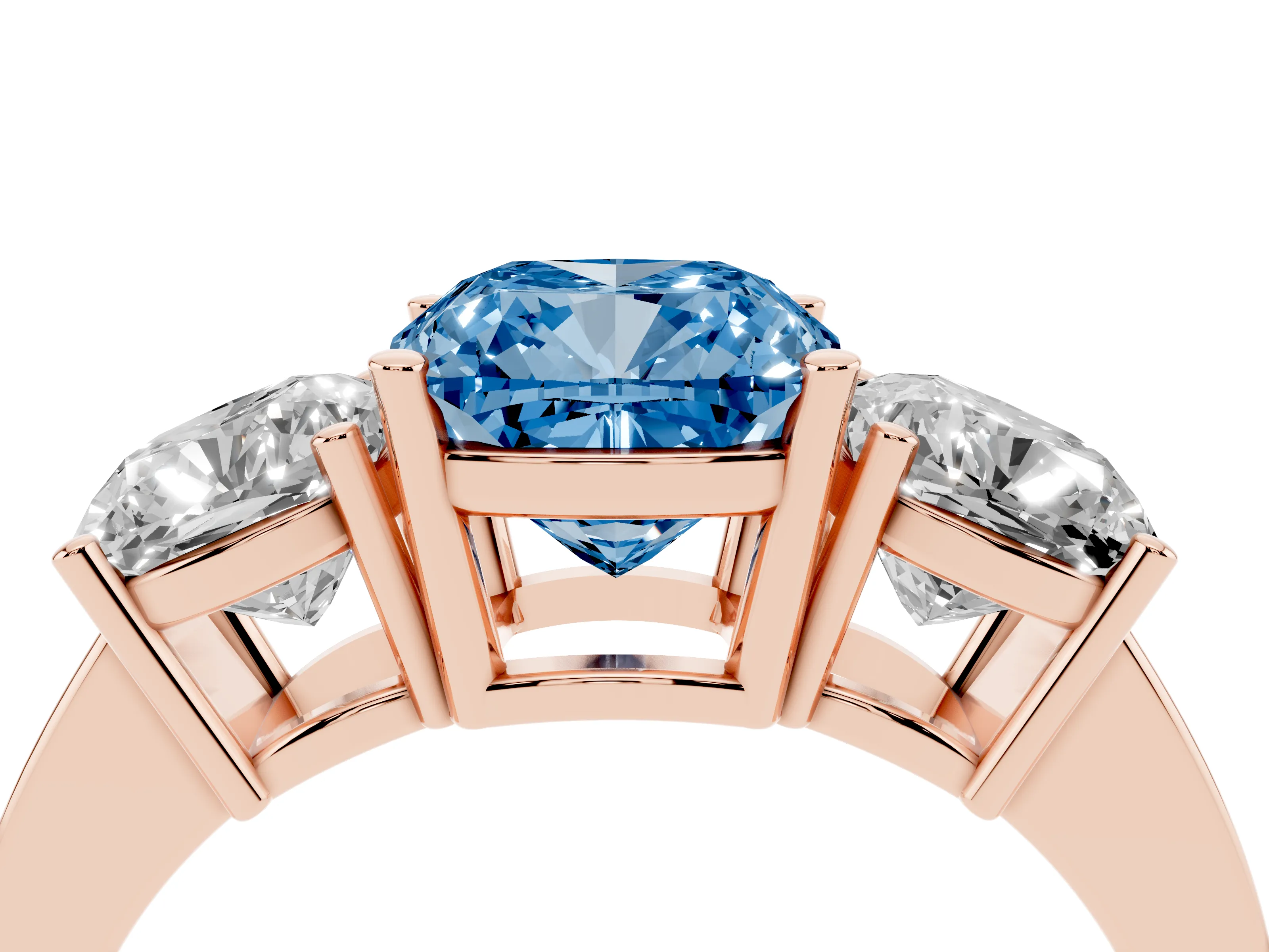 Fancy Blue Cushion Cut Diamond Three-Stone Engagement Ring Set in Rose gold with Flat Band