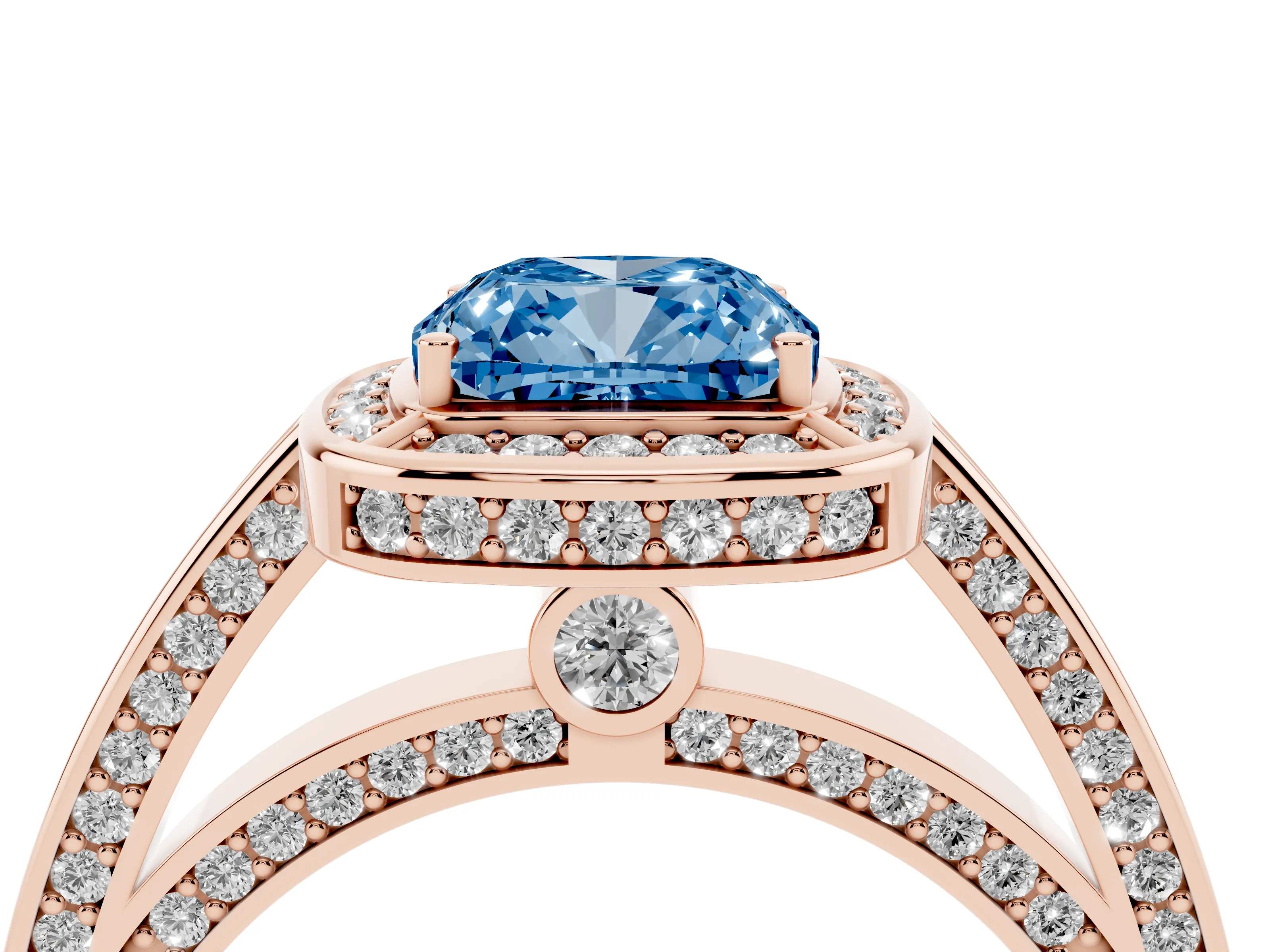 Fancy Blue Cushion Cut Diamond Halo Pavé Split Shank Ring Set in Rose gold with Prong Setting