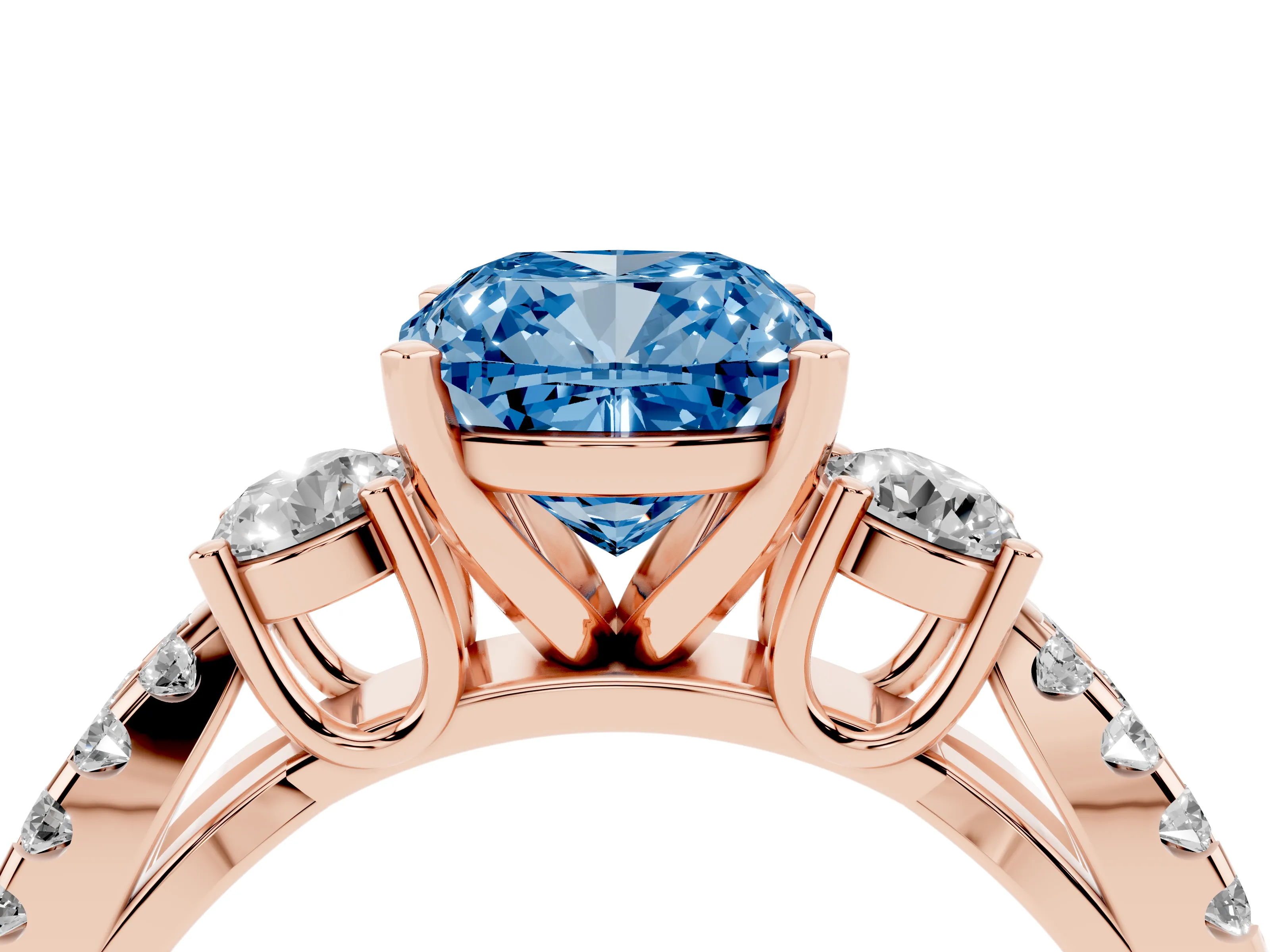 Fancy Blue Cushion Cut Diamond Three-Stone Ring Set in Rose gold with Pavé Split Shank and Prong Setting