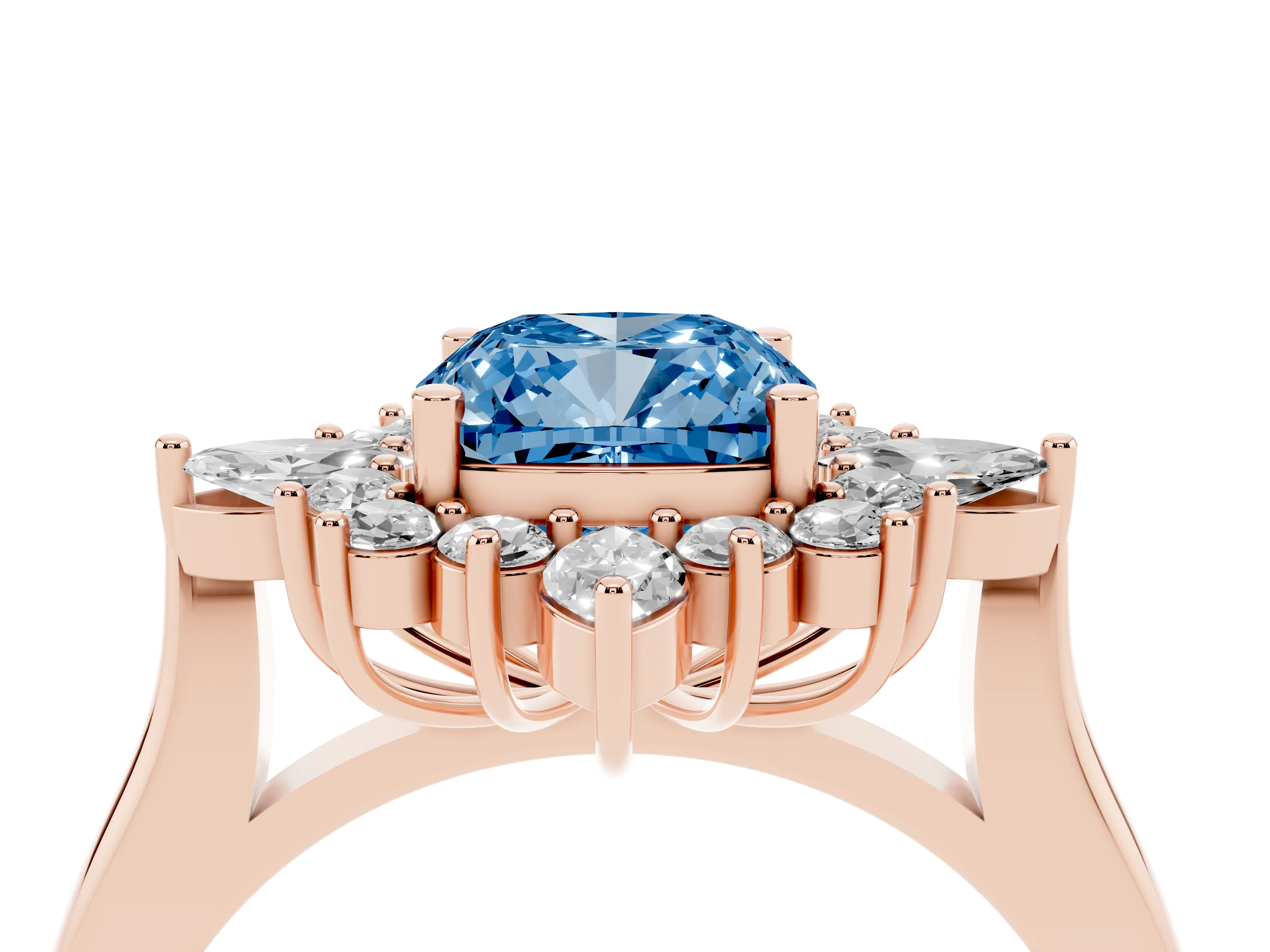 Fancy Blue Cushion Cut Diamond Cluster Halo Ring Set in Rose gold with Marquise and Round Accents