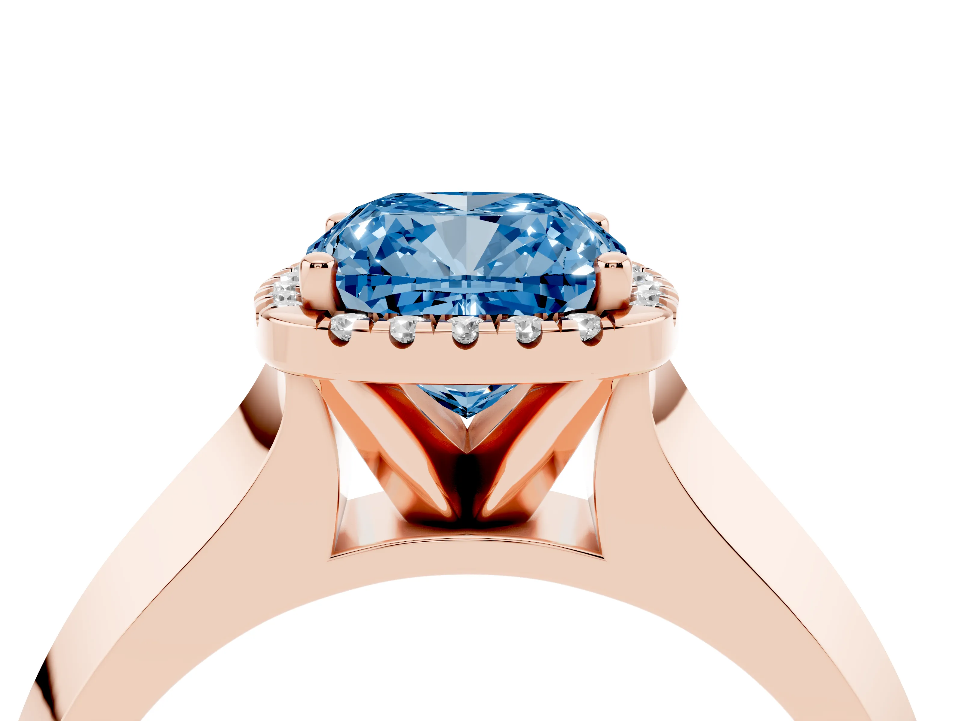 Fancy Blue Cushion Cut Diamond Halo Ring Set in Rose gold with Cathedral Band and Prong Setting