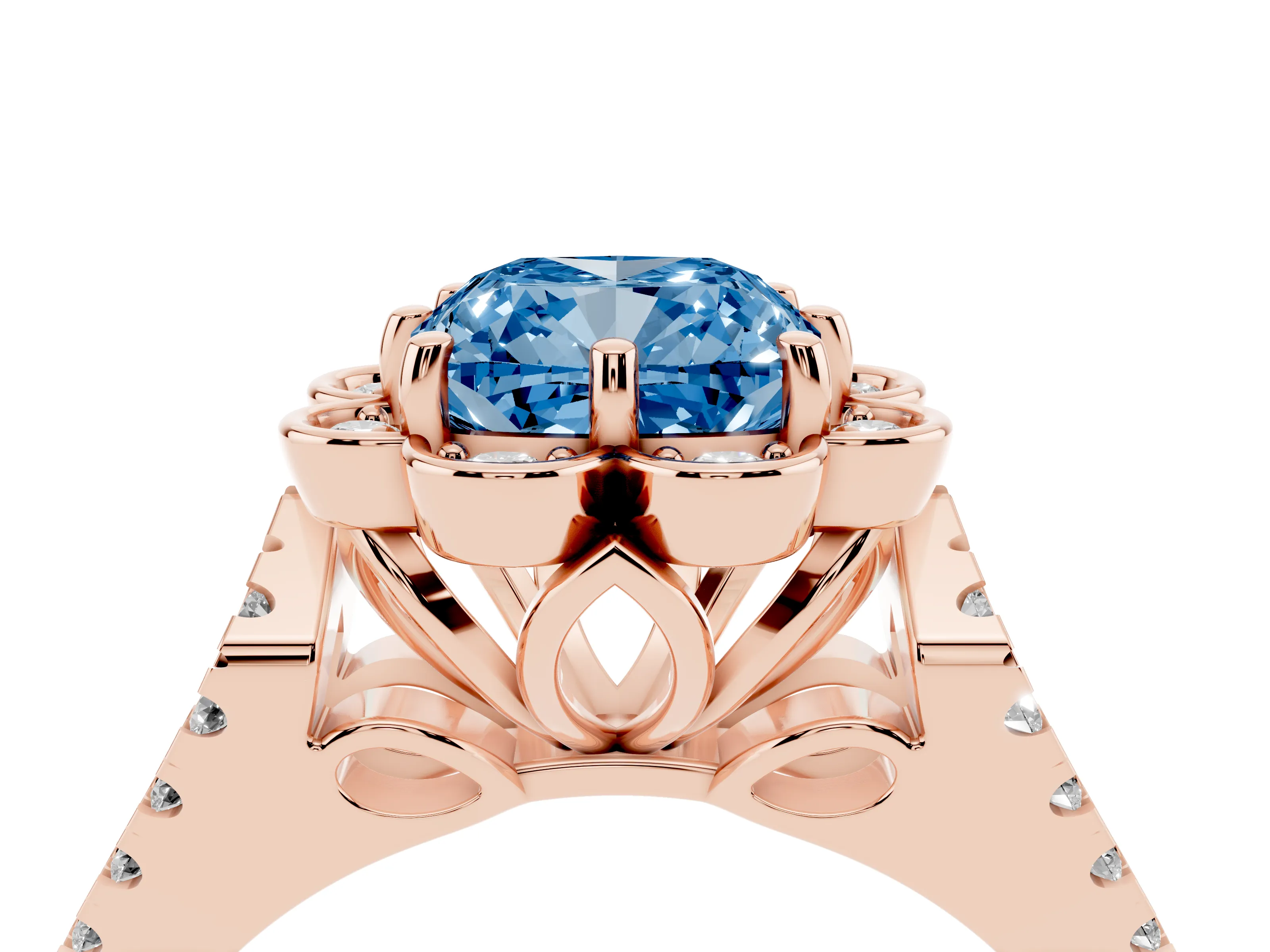 Fancy Blue Cushion Cut Diamond Floral Halo Split Shank Engagement Ring Set in Rose gold with Pavé Shank