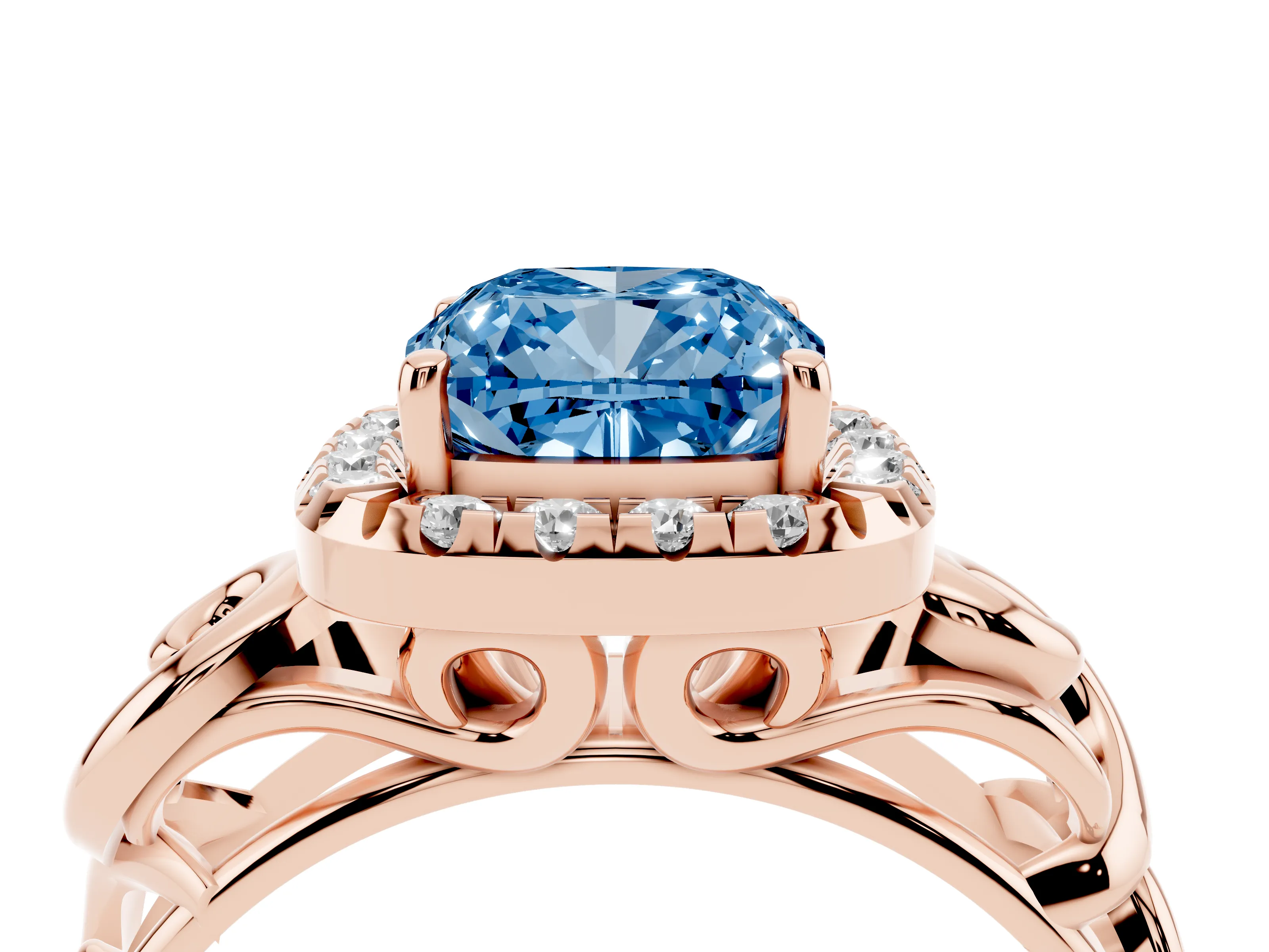 Fancy Blue Cushion Cut Diamond Halo Ring Set in Rose gold with Scrollwork Band and Prong Setting