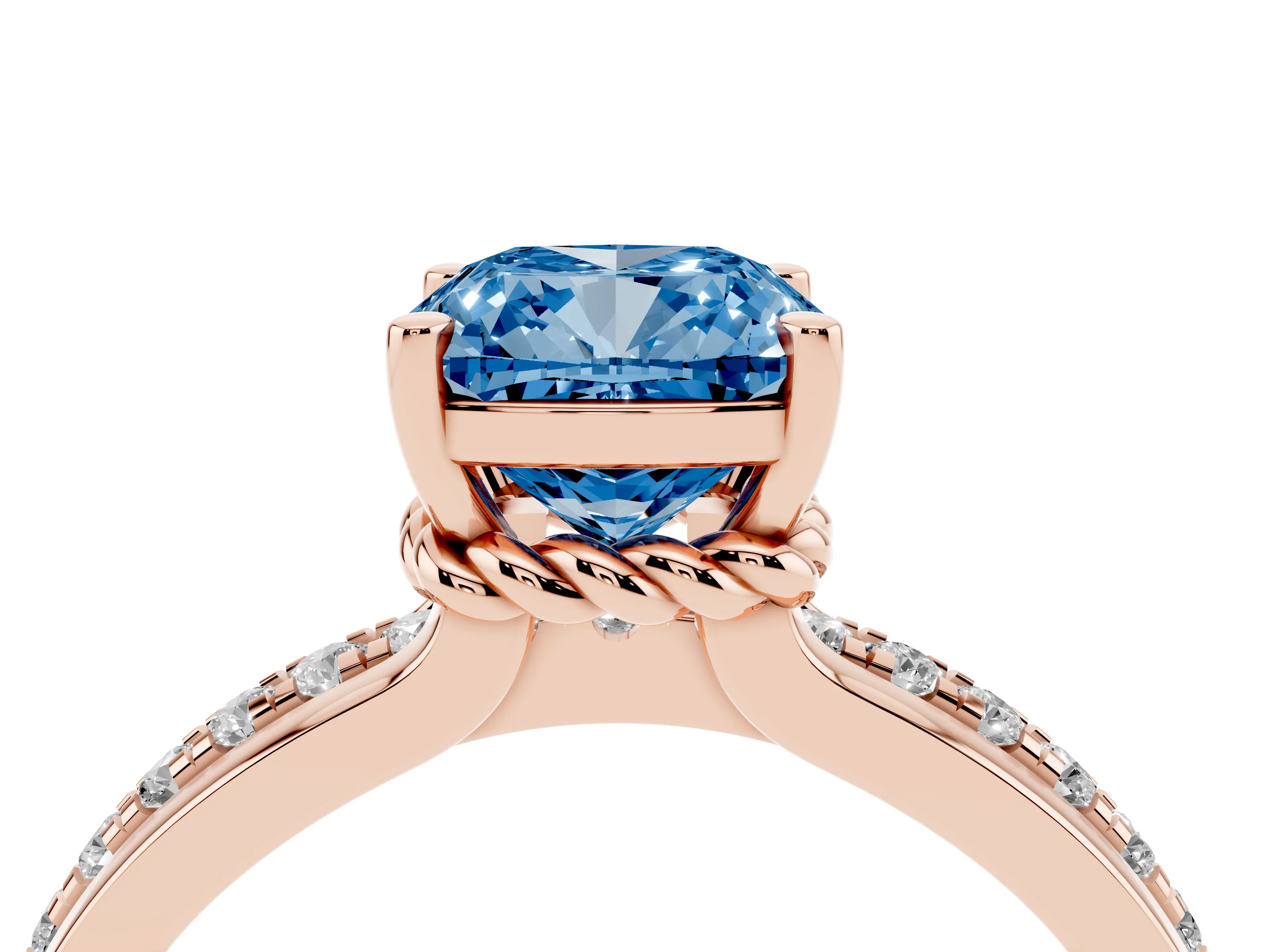 Fancy Blue Cushion Cut Diamond Solitaire Ring Set in Rose gold with Channel Set Band and Prong Setting