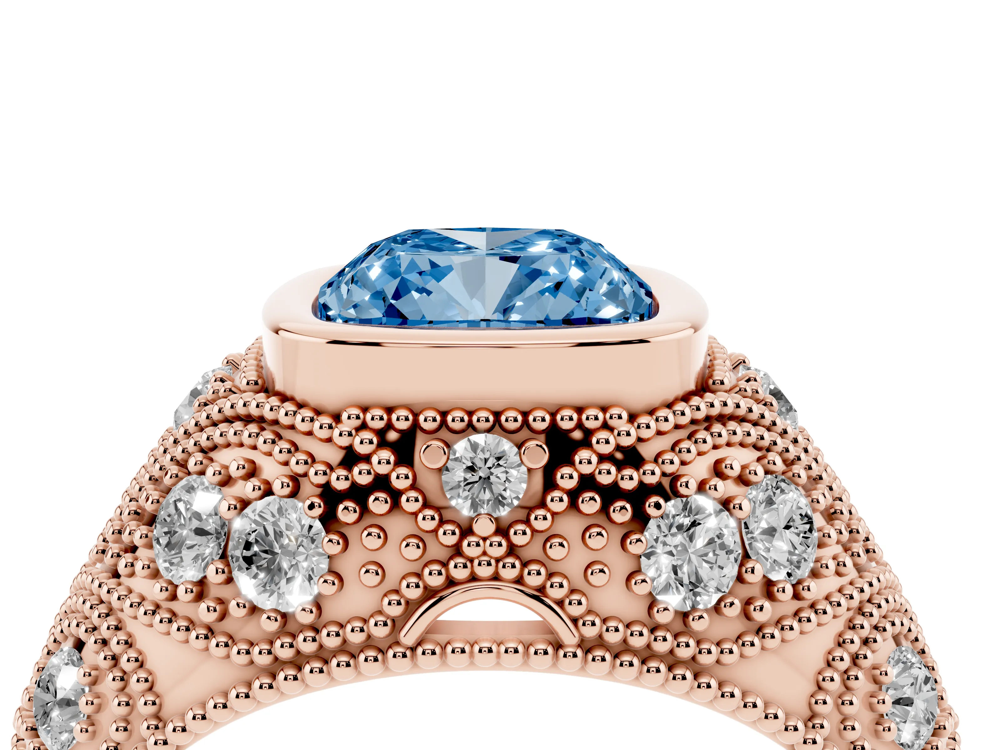 Fancy Blue Cushion Cut Diamond Bezel Ring Set in Rose gold with Milgrain Accent Band