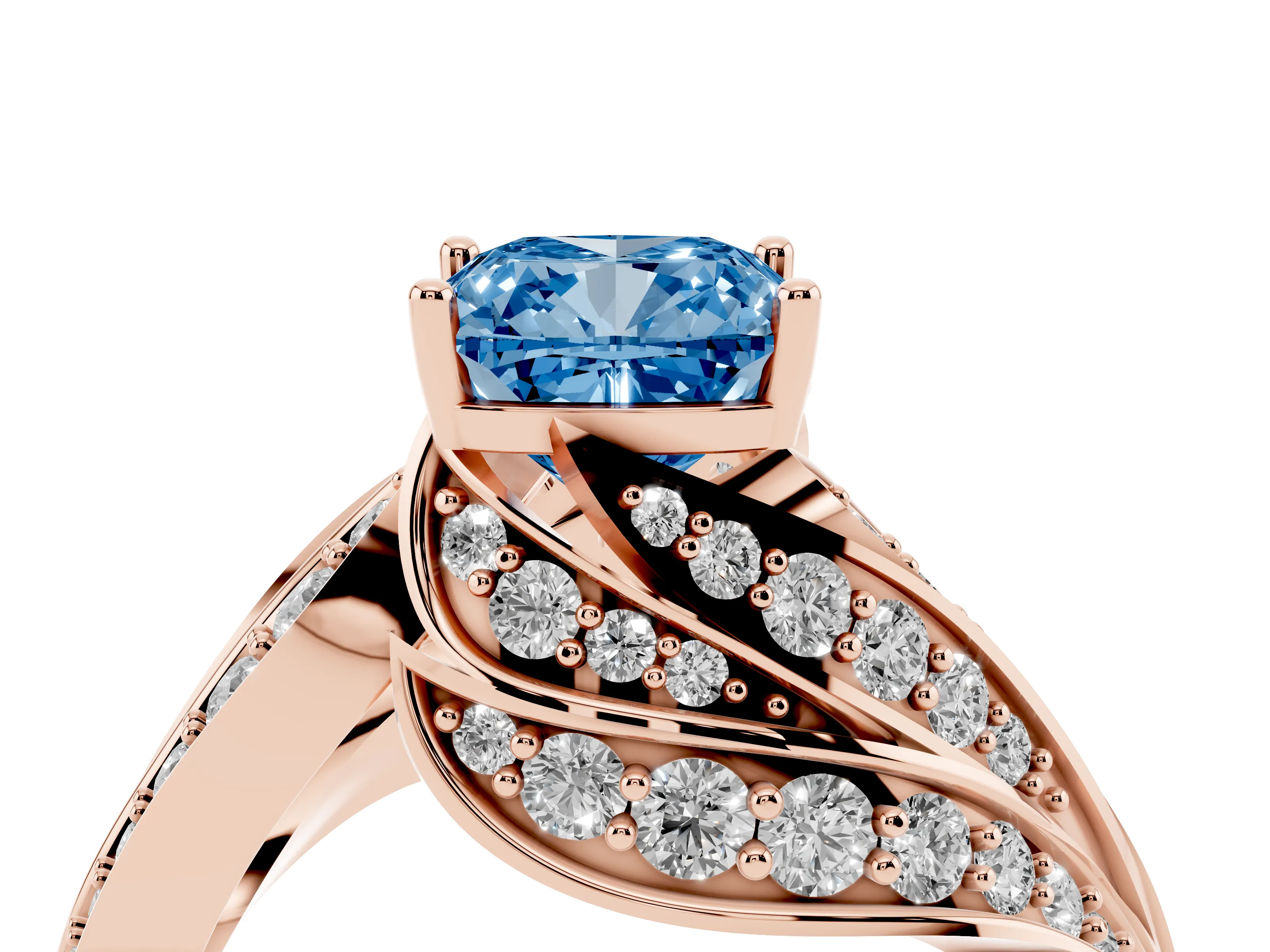 Fancy Blue Cushion Cut Diamond Solitaire Ring Set in Rose gold with Layered Twist Pavé Band