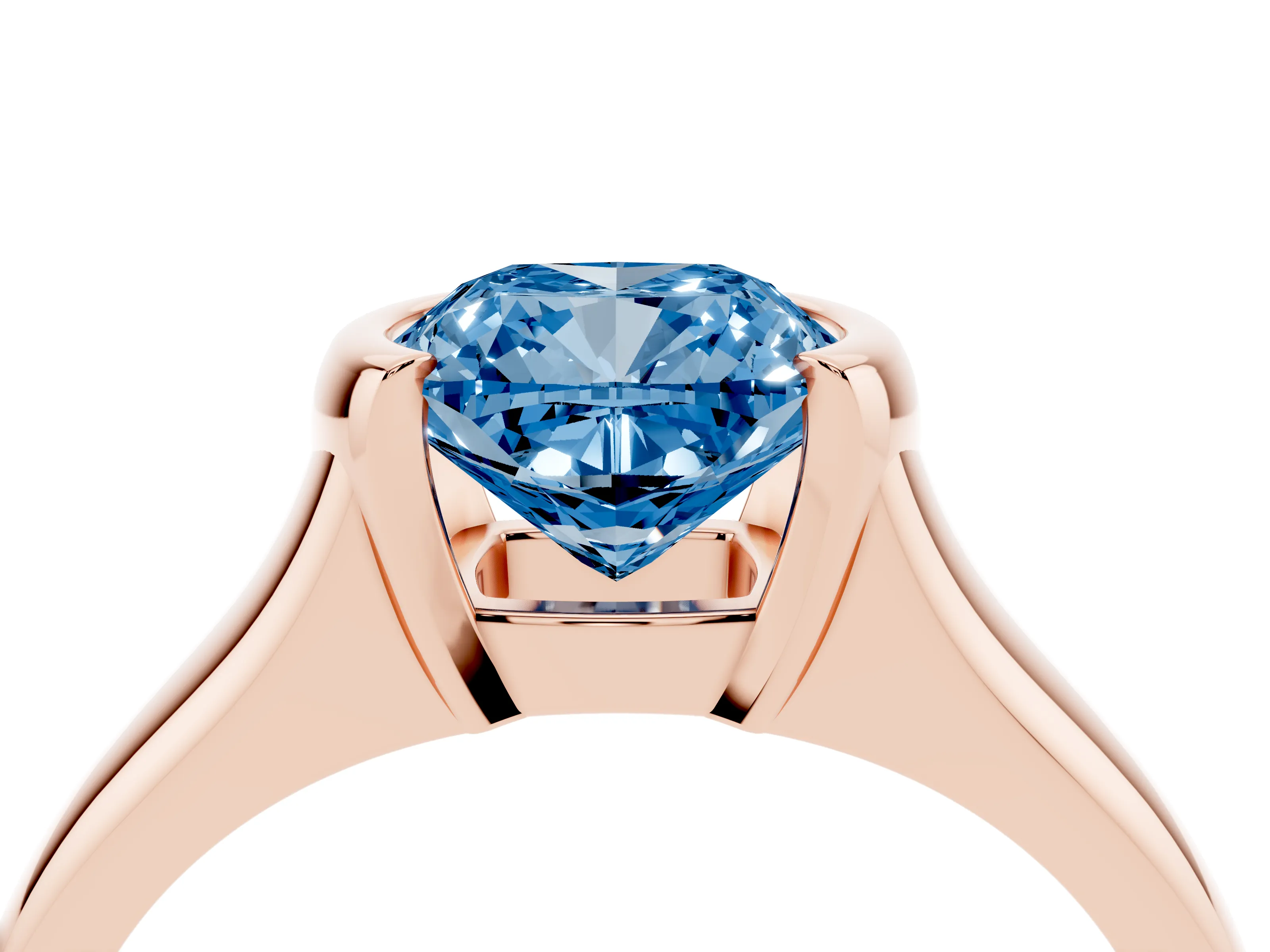Fancy Blue Cushion Cut Diamond Solitaire Tension Set Ring Set in Rose gold with Split Shank Band