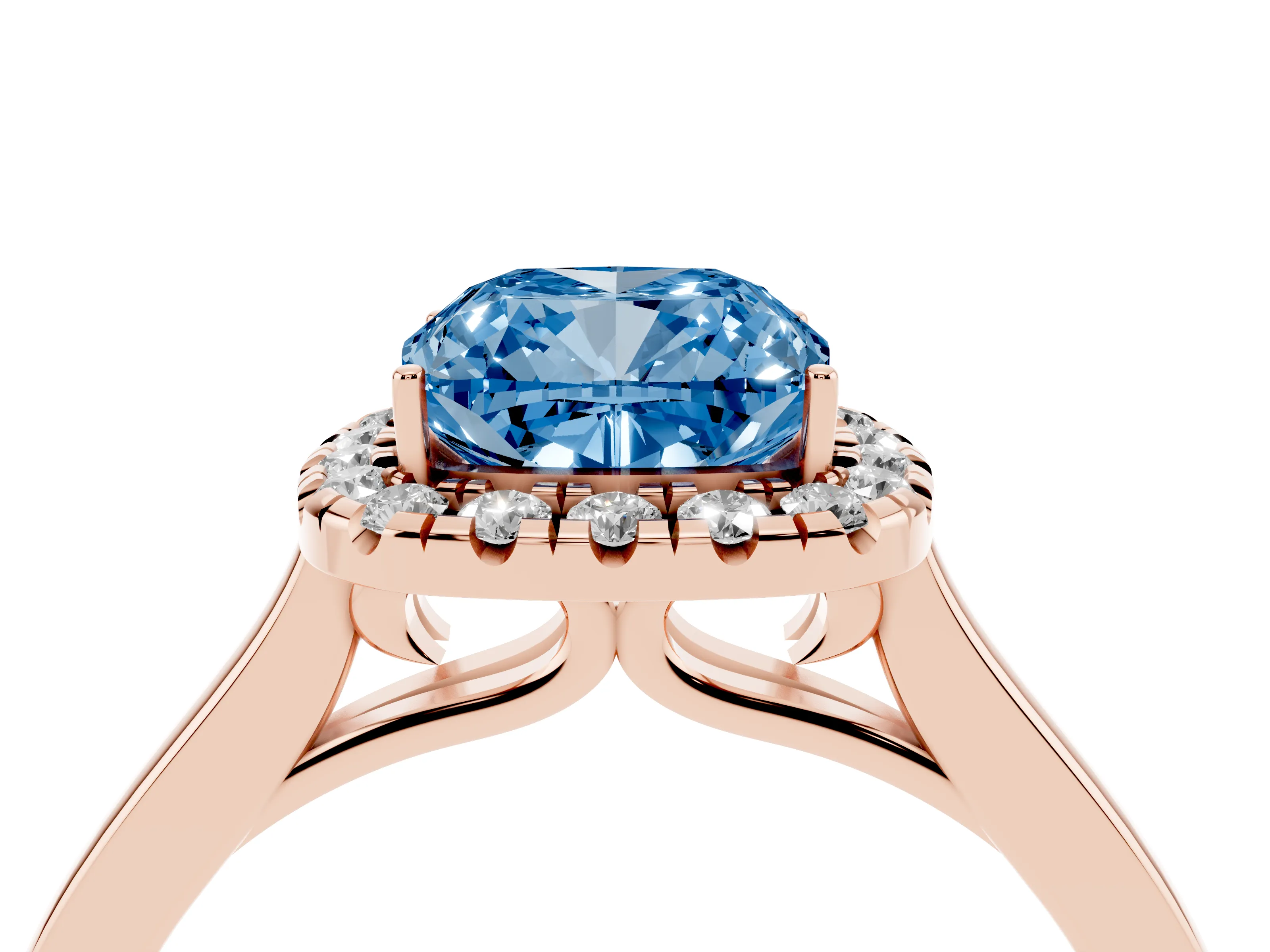 Fancy Blue Cushion Cut Halo Round Diamond Solitaire Ring Set in Rose gold with Pavé Band and Prong Setting