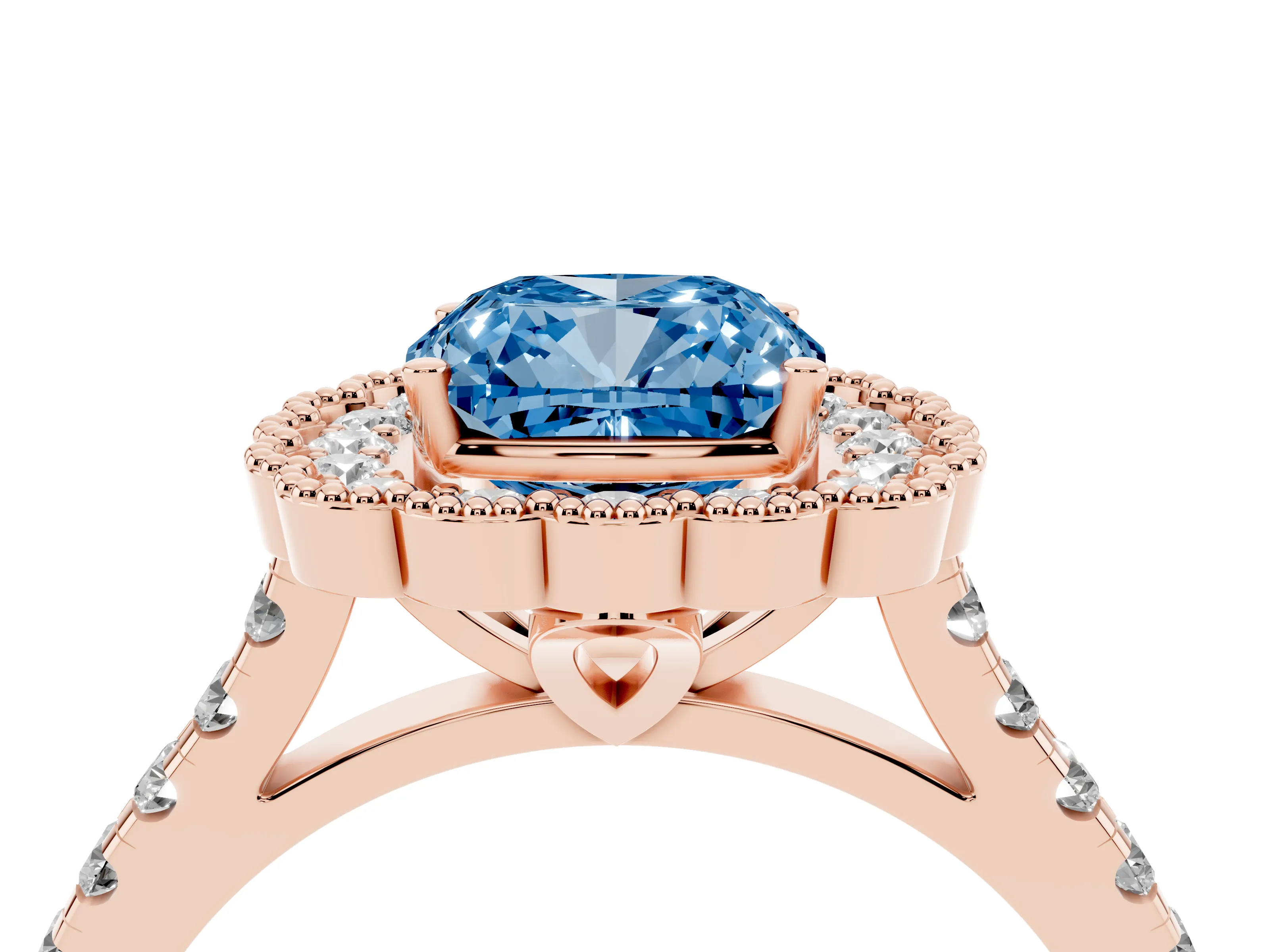 Fancy Blue Cushion Cut Diamond Milgrain Floral Halo Engagement Ring Set in Rose gold with Pavé Band