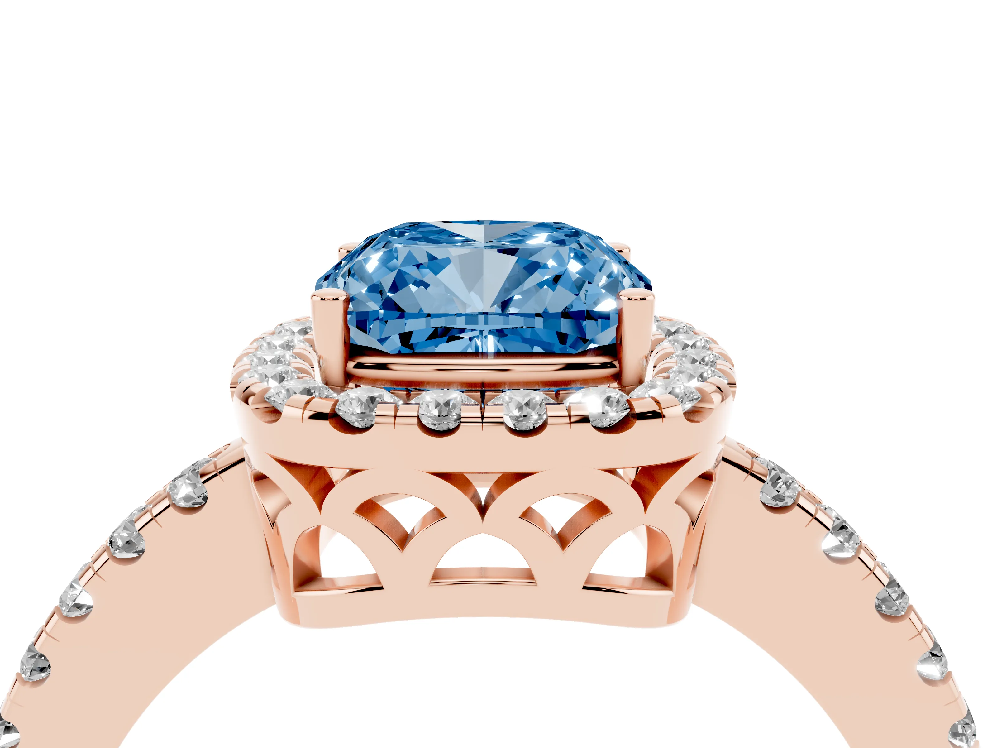 Fancy Blue Cushion Cut Diamond Pavé Band Halo Engagement Ring Set in Rose gold with Prong Setting