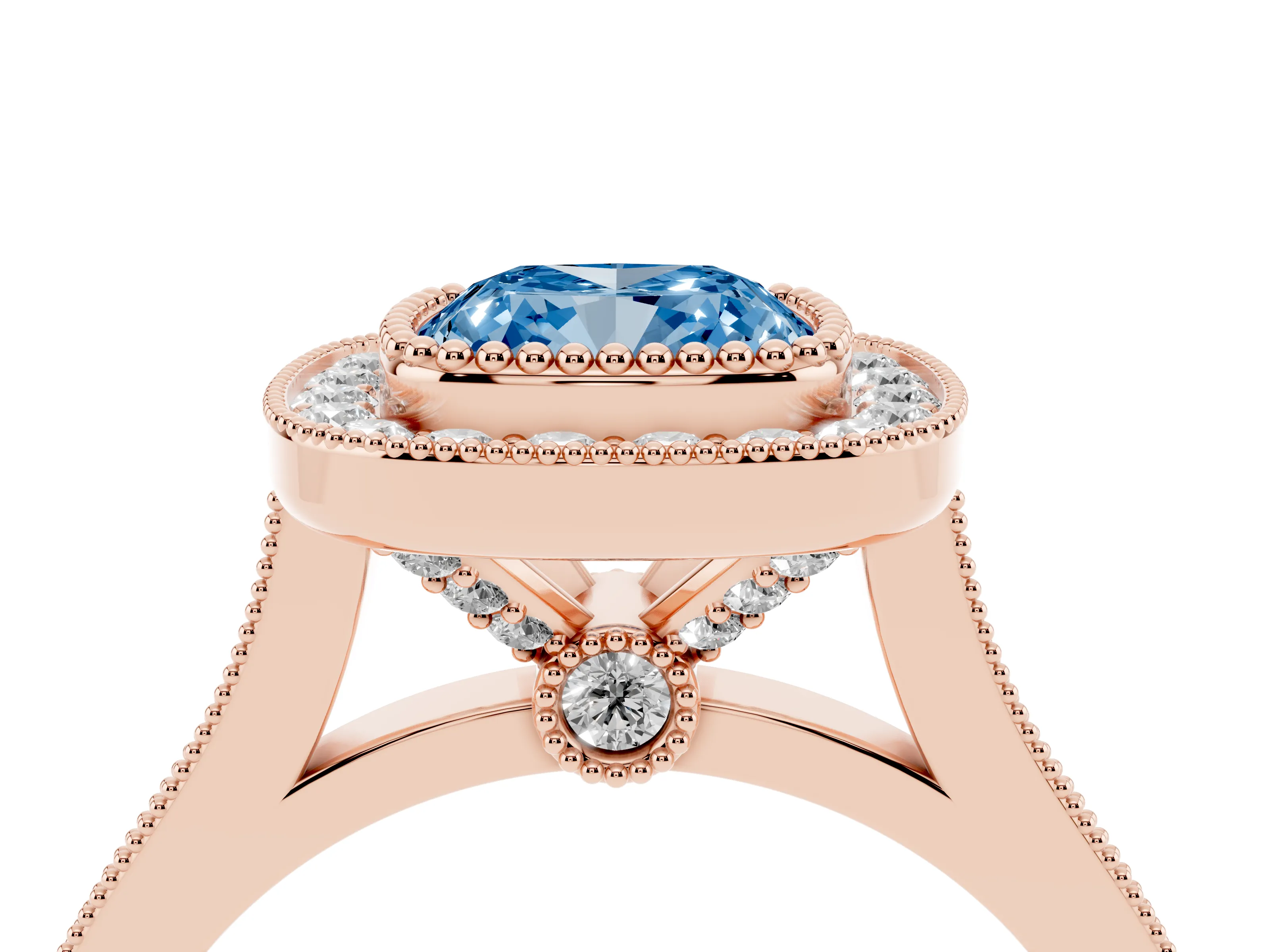 Fancy Blue Cushion Cut Diamond Halo Ring Set in Rose gold with Milgrain Frame and Pavé Band