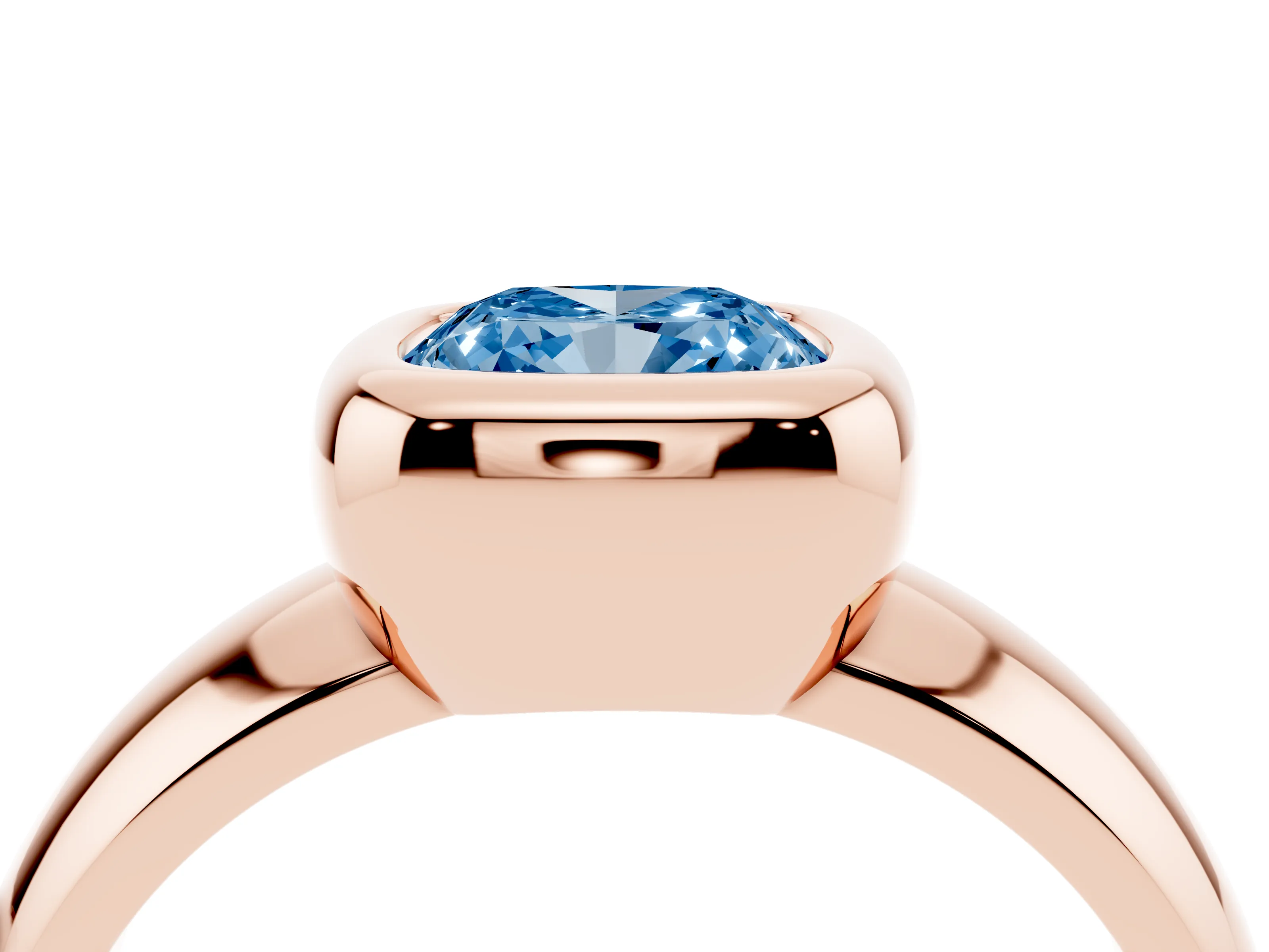 Fancy Blue Bezel Set Cushion Cut Diamond Solitaire Ring Set in Rose gold with Wide Band