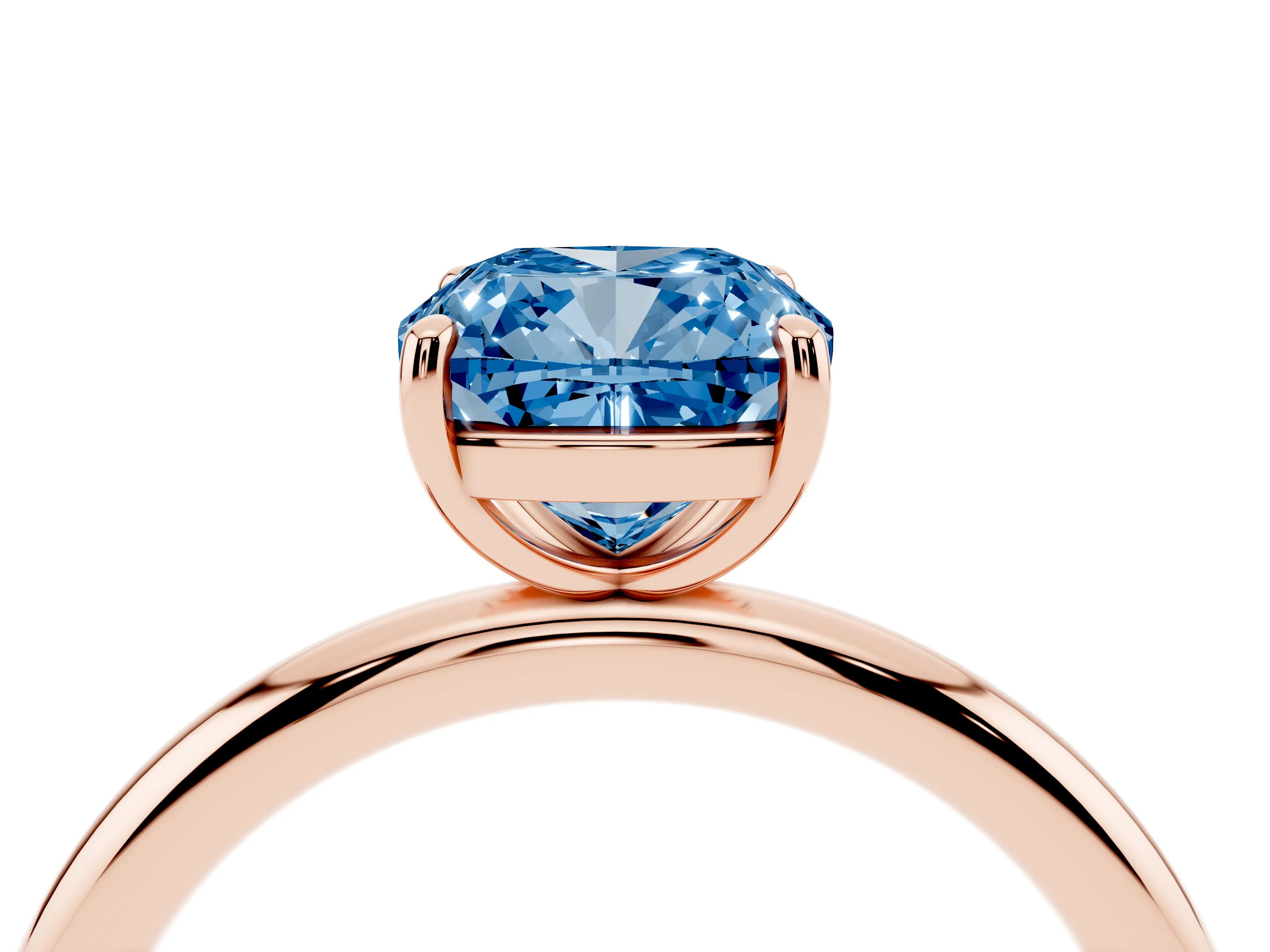 Fancy Blue Cushion Cut Diamond Solitaire Ring Set in Rose gold with Prong Setting on a Polished Plain Band