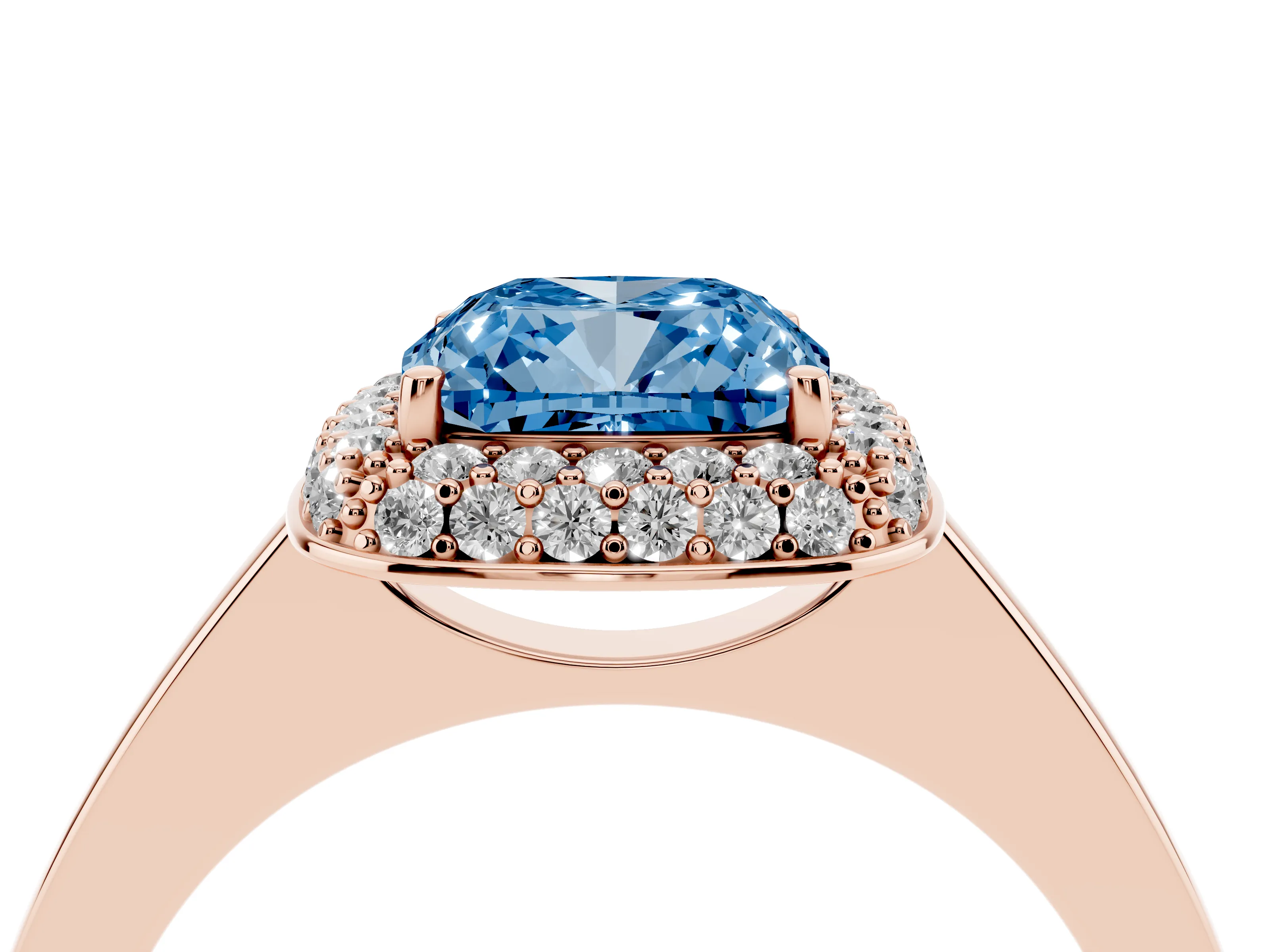 Fancy Blue Cushion Cut Diamond Halo Engagement Ring Set in Rose gold with Solitaire Band and Prong Setting
