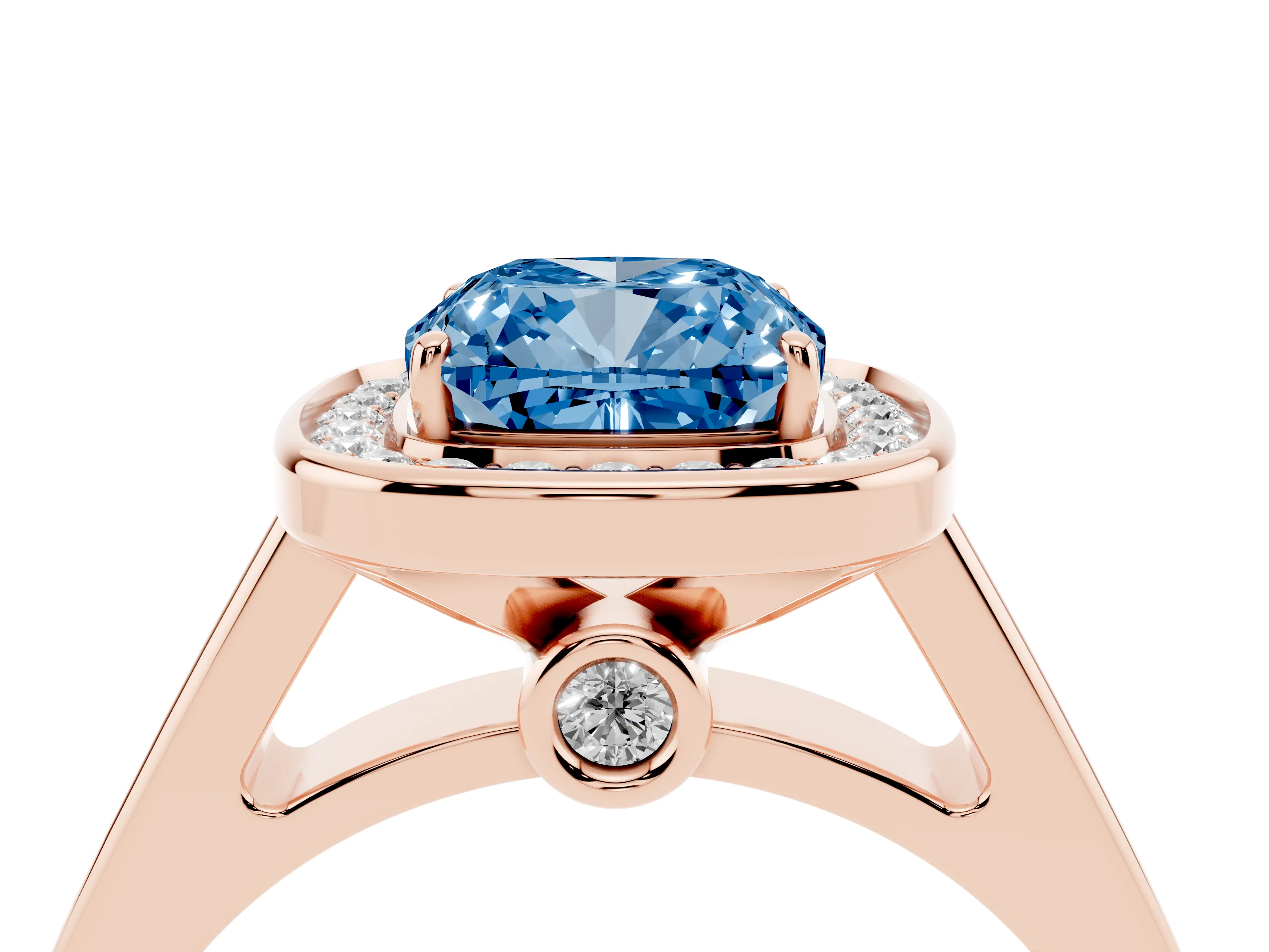 Fancy Blue Cushion Cut Diamond Halo Solitaire Ring Set in Rose gold with Pavé Band and Bezel Setting