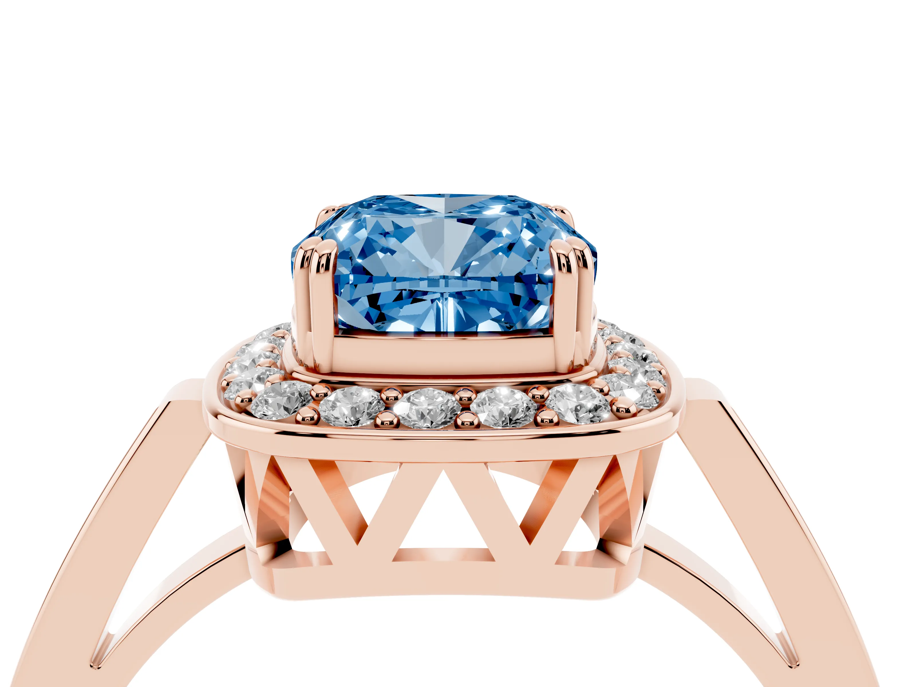 Fancy Blue Cushion Cut Diamond Halo Ring Set in Rose gold with Accent-Lined Split Shank and Prong Setting