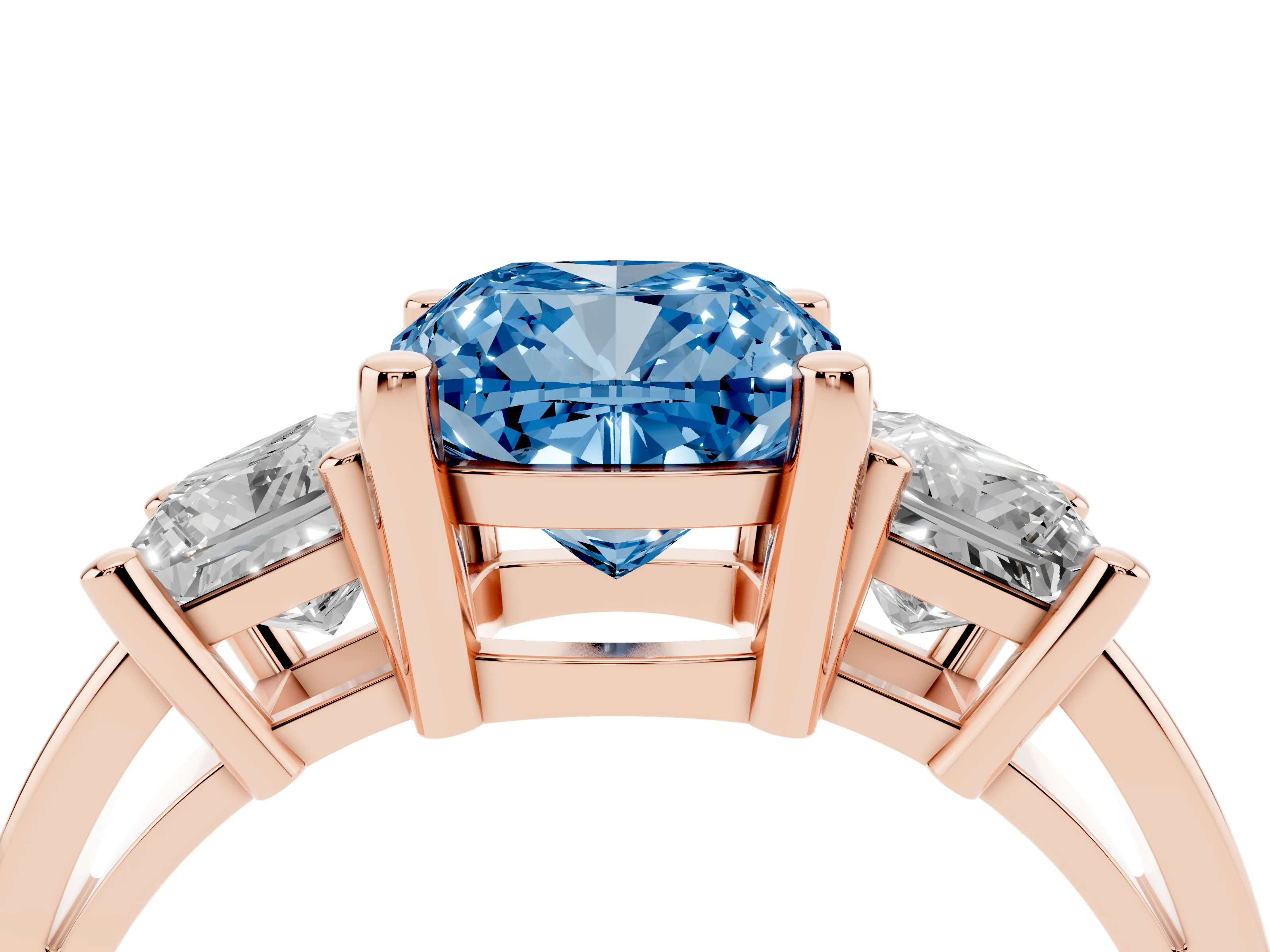 Fancy Blue Three-Stone Cushion Cut Diamond Solitaire Ring Set in Rose gold with Prong Setting