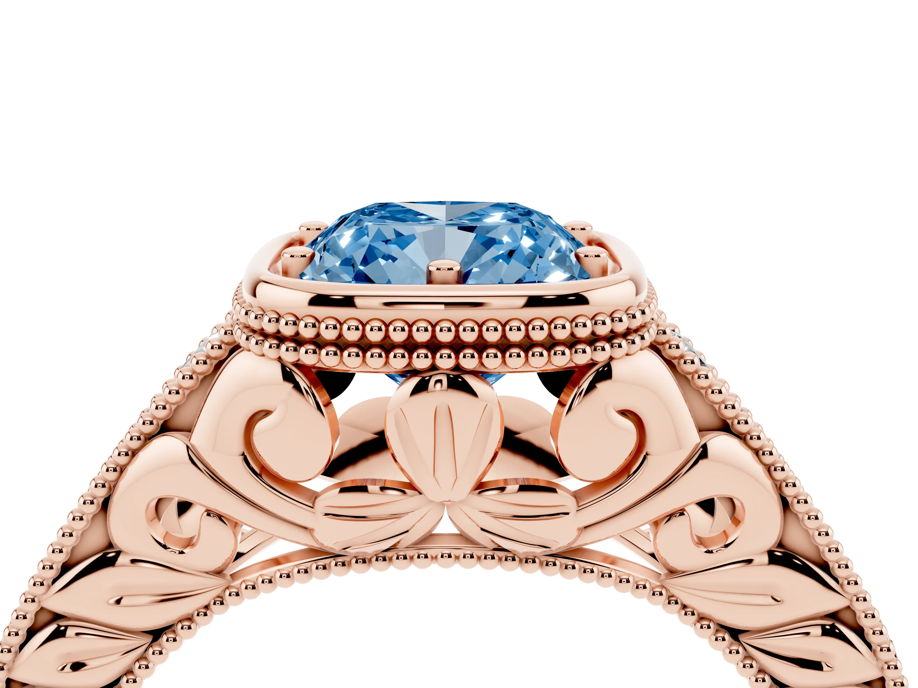 Fancy Blue Bezel Set Cushion Cut Diamond Milgrain Pavé Engagement Ring Set in Rose gold