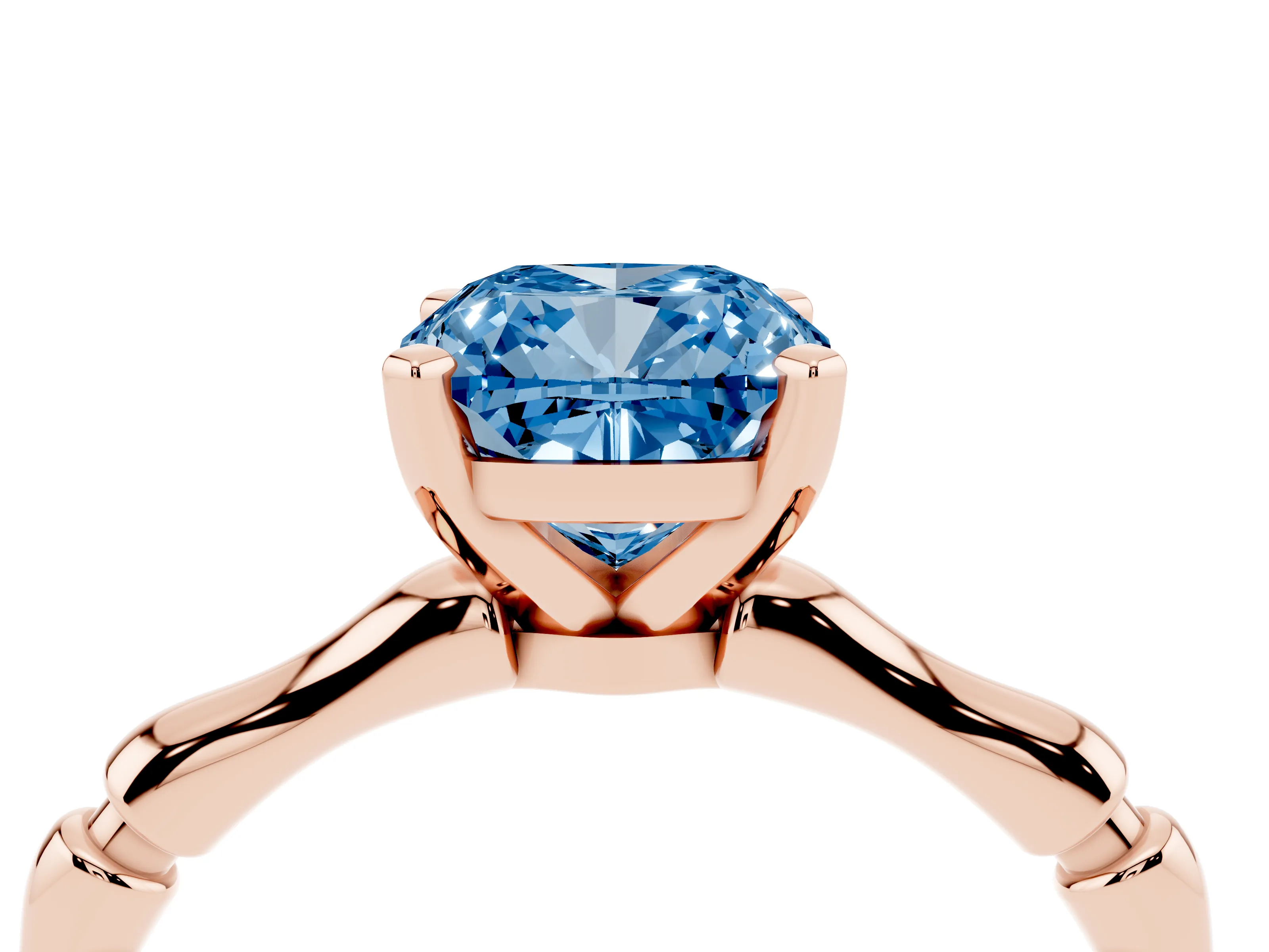 Fancy Blue Cushion Cut Diamond Solitaire Ring Set in Rose gold with Bamboo Band and Prong Setting