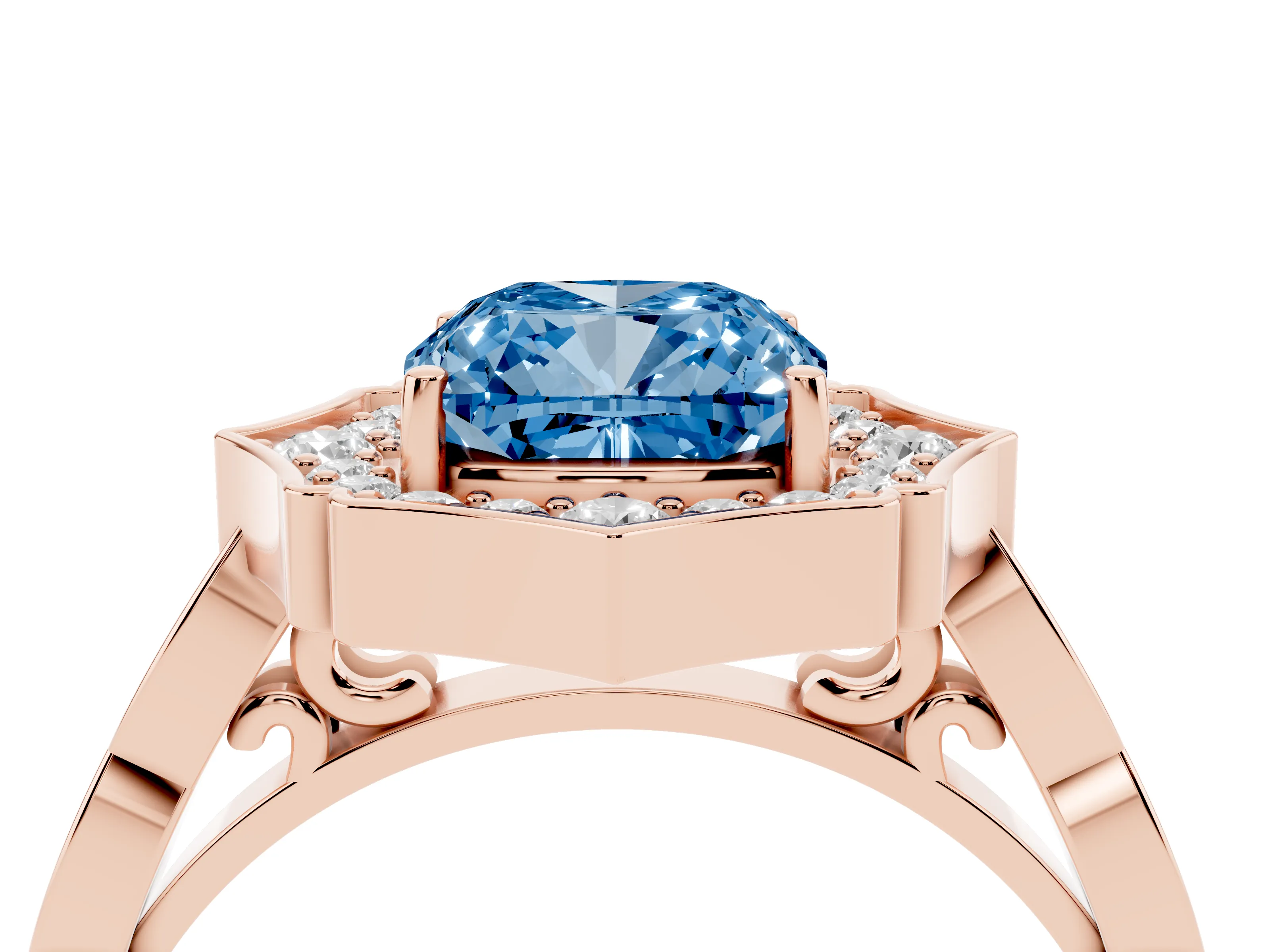 Fancy Blue Cushion Cut Diamond Halo Engagement Ring Set in Rose gold with Milgrain Band and Prong Setting