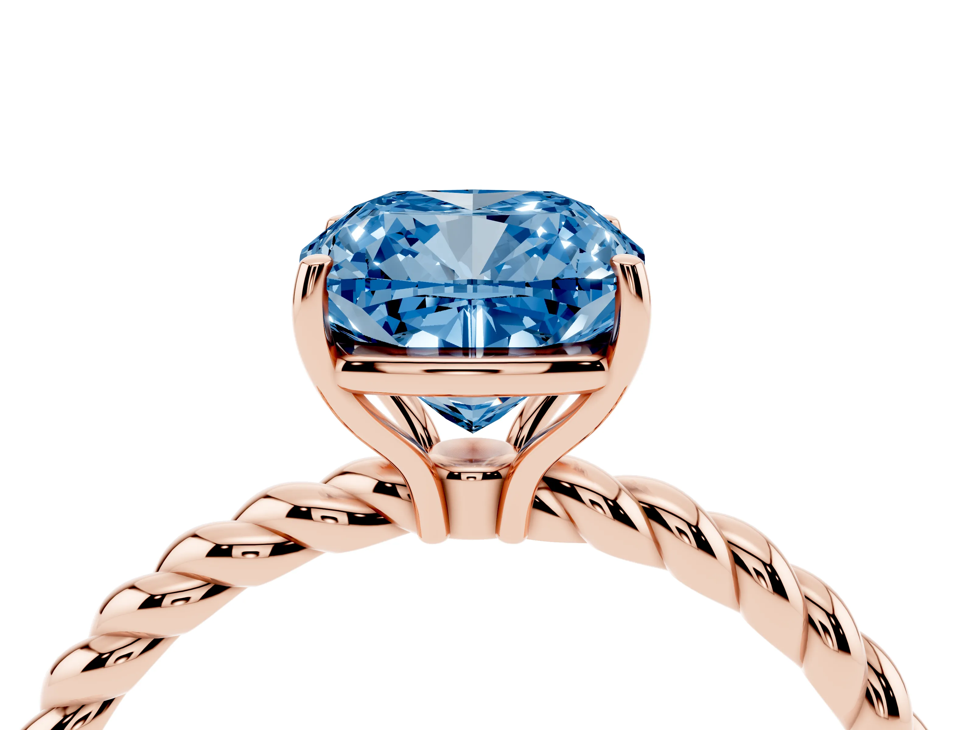 Fancy Blue Cushion Cut Diamond Solitaire Ring Set in Rose gold with Twist Band and Prong Setting