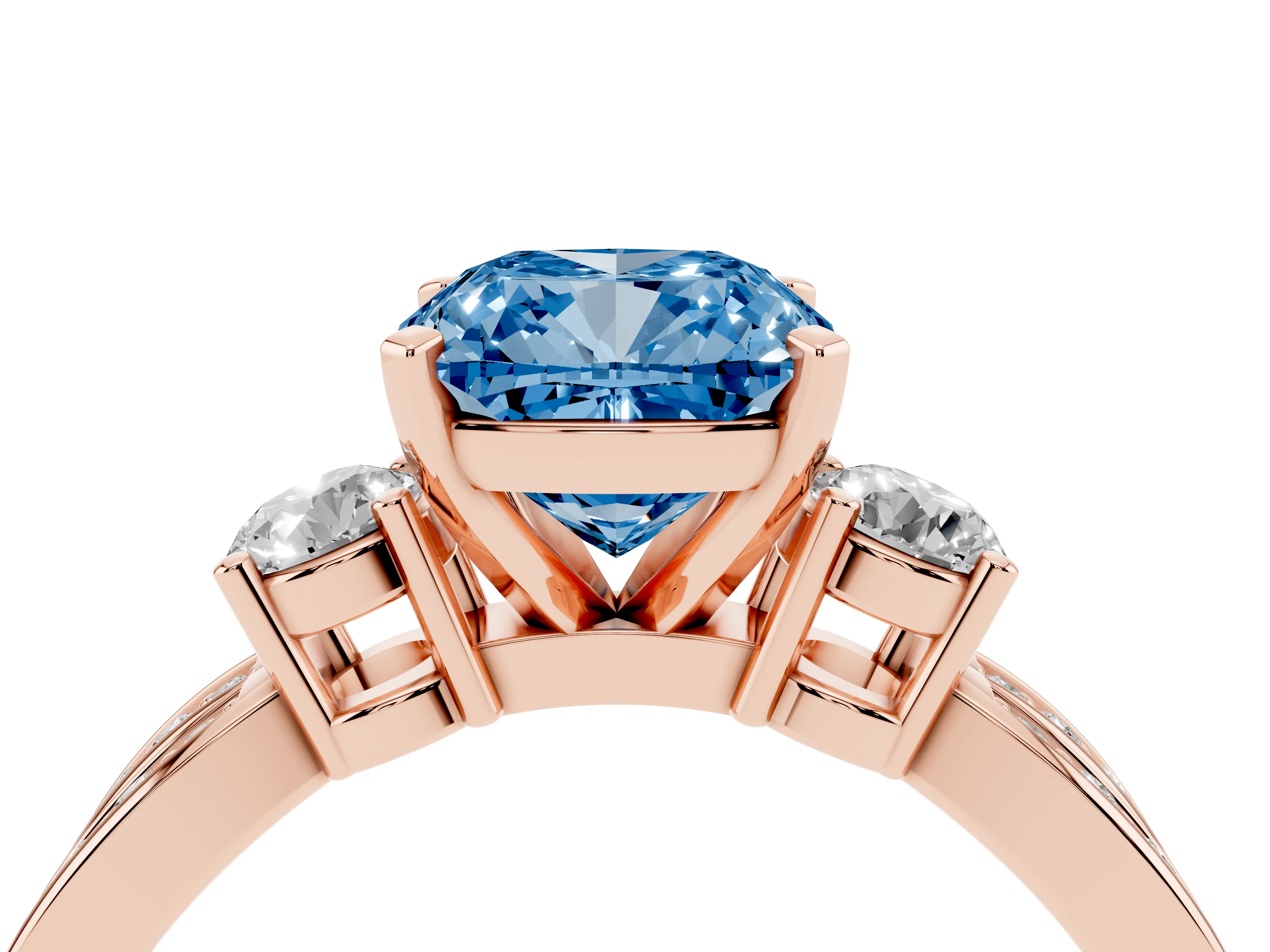Fancy Blue Three-Stone Cushion Cut Diamond Twist Band Ring Set in Rose gold with Pavé Accents and Prong Setting