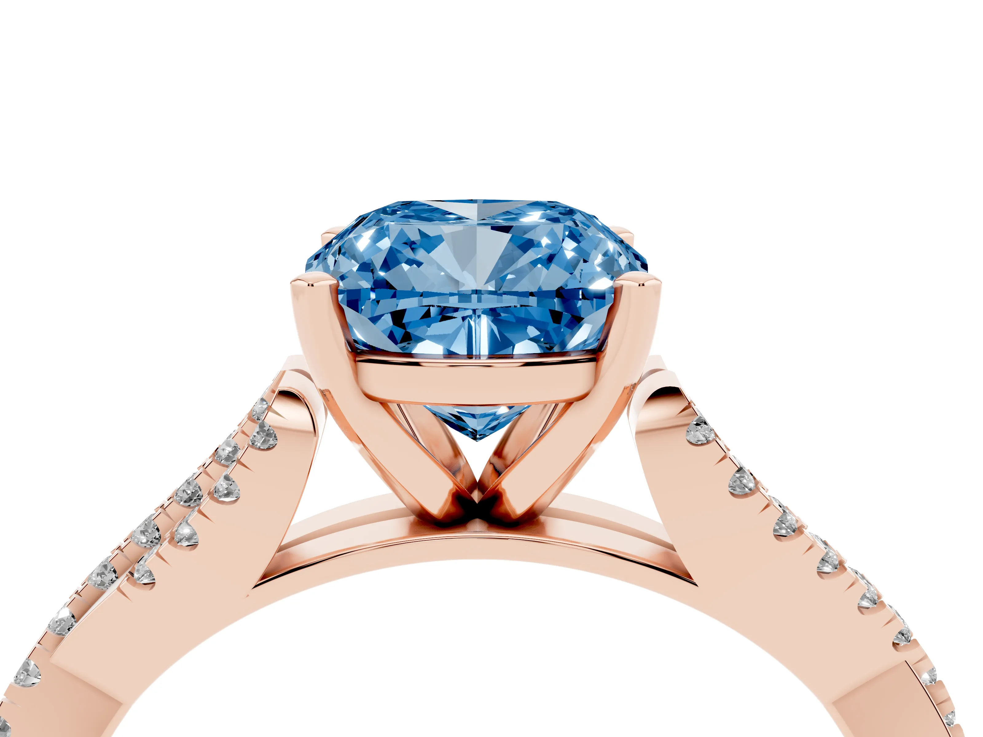 Fancy Blue Cushion Cut Diamond Solitaire Engagement Ring Set in Rose gold with Twisted Pavé Band and Prong Setting