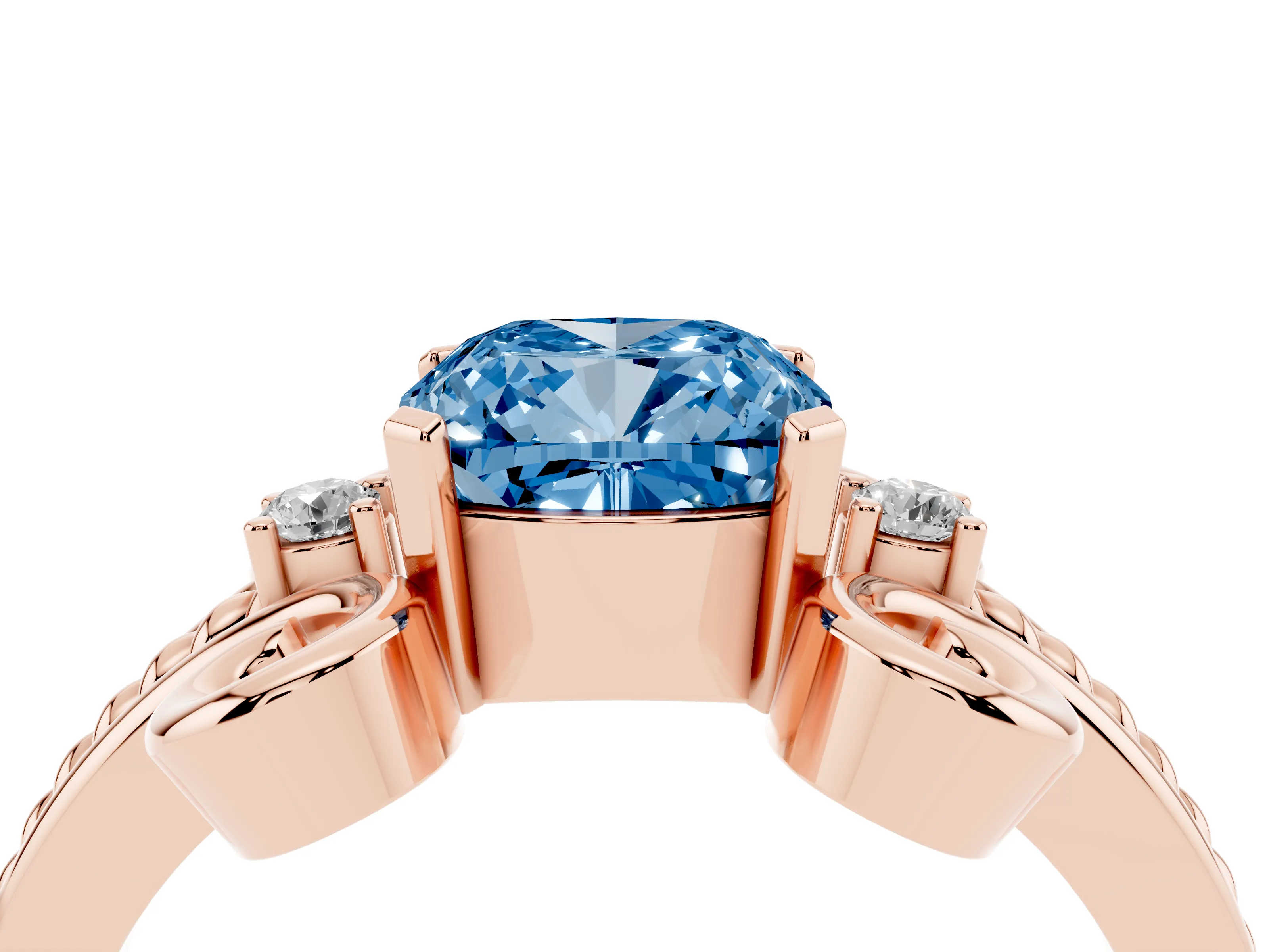 Fancy Blue Cushion Cut Diamond Twisted Band Solitaire Ring Set in Rose gold with Scroll Prongs