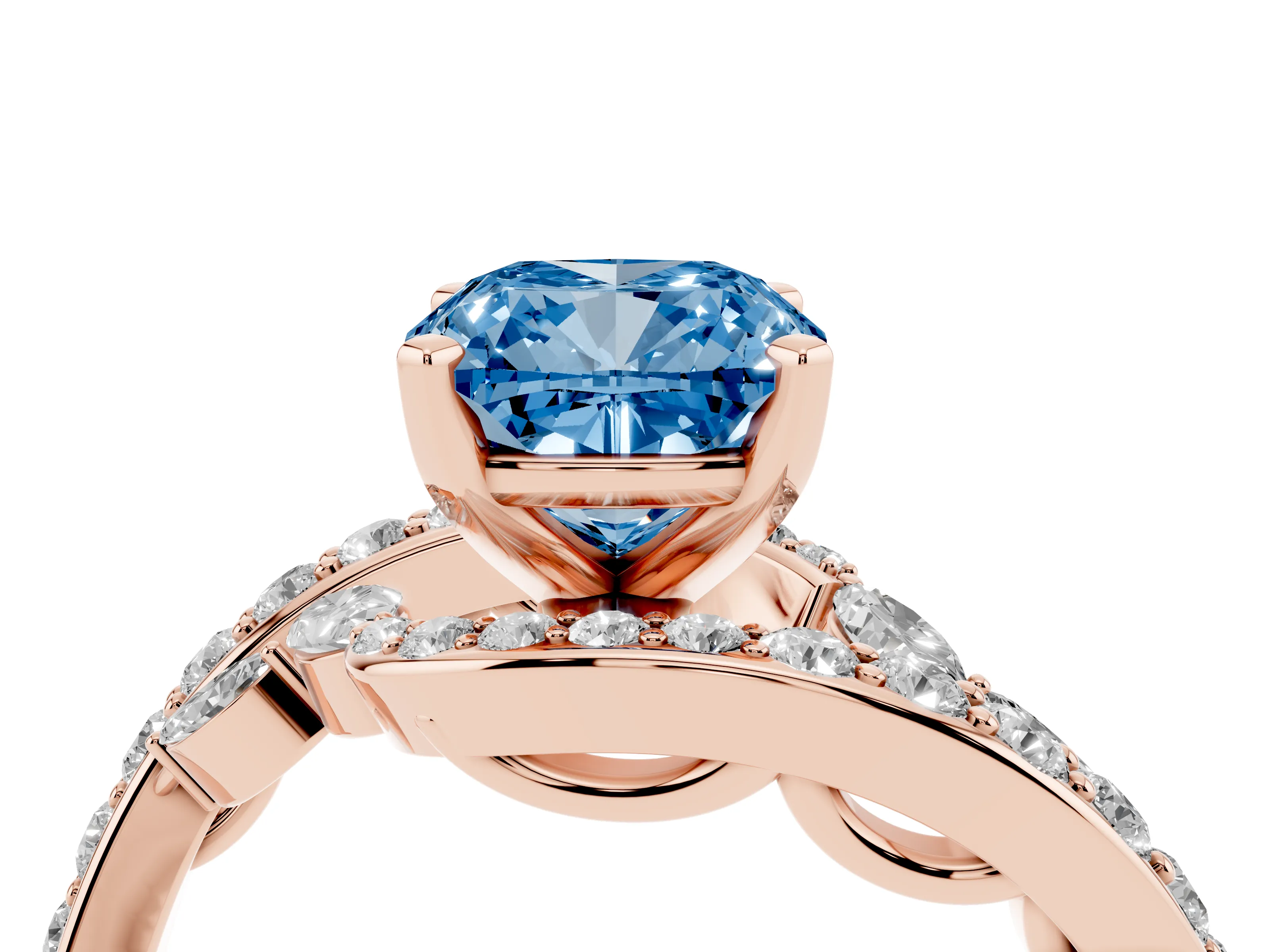 Fancy Blue Cushion Cut Diamond Solitaire Ring Set in Rose gold with Filigree Band and Prong Setting