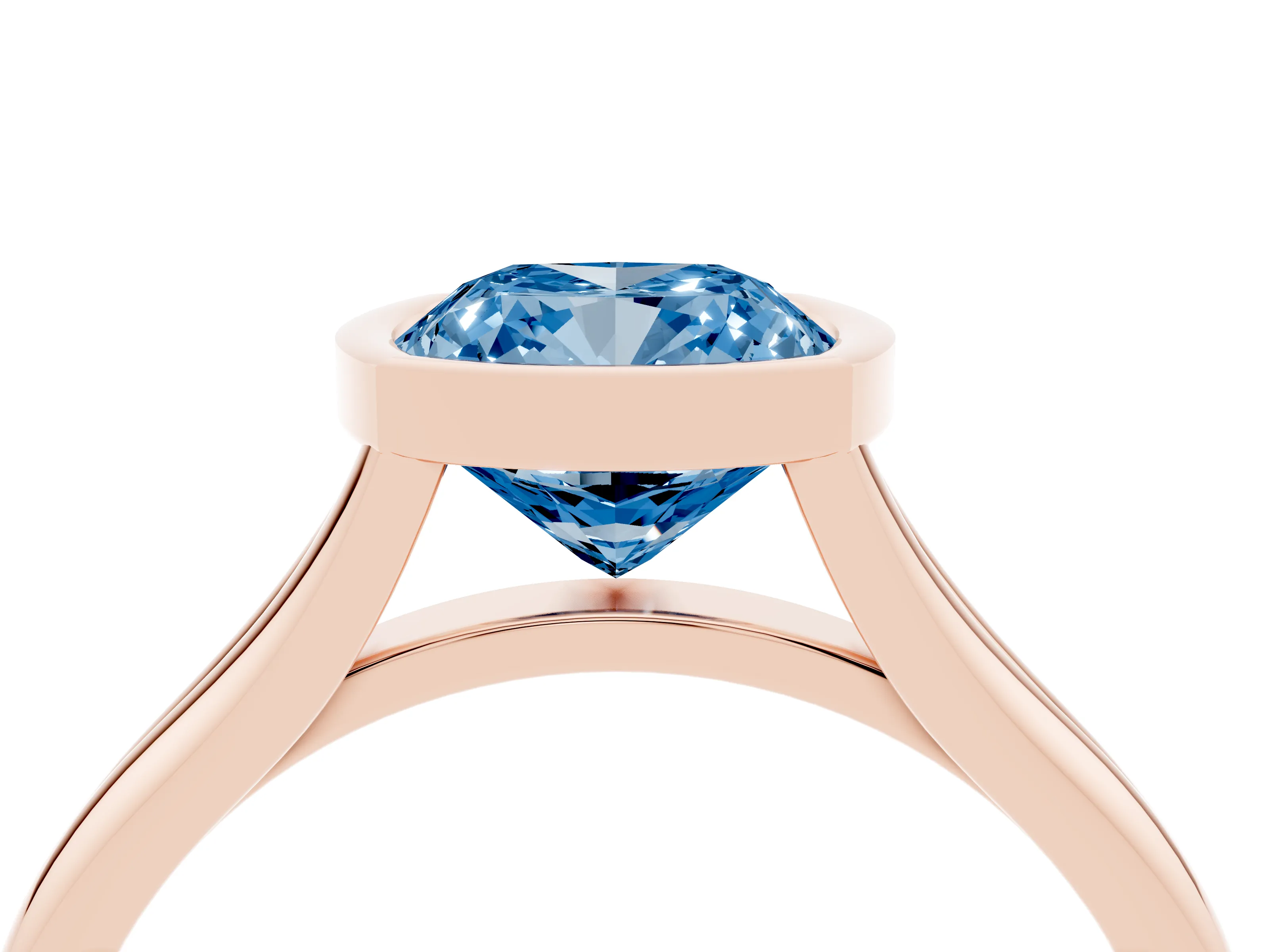 Fancy Blue Bezel Set Cushion Cut Diamond Solitaire Ring Set in Rose gold with Tapered Band