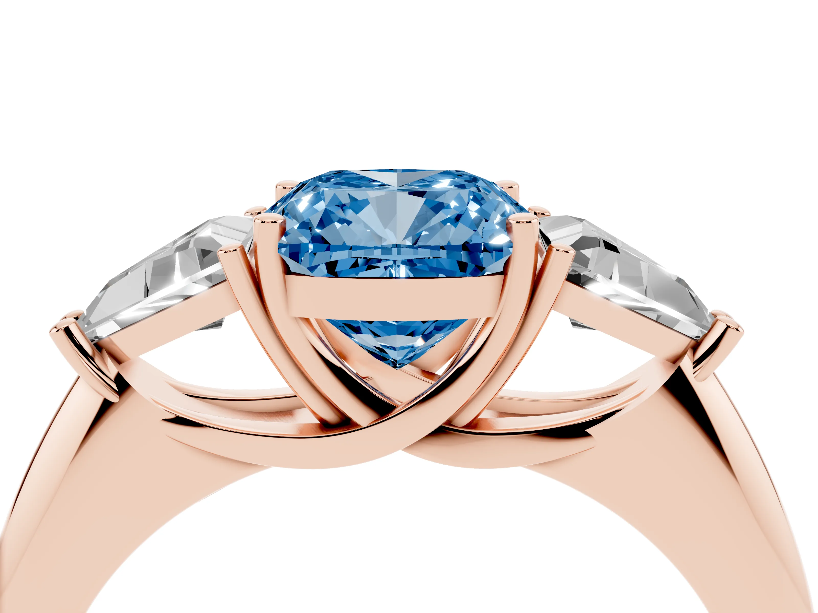 Fancy Blue Cushion Cut Diamond Three-Stone Engagement Ring Set in Rose gold with Trillion Side Stones