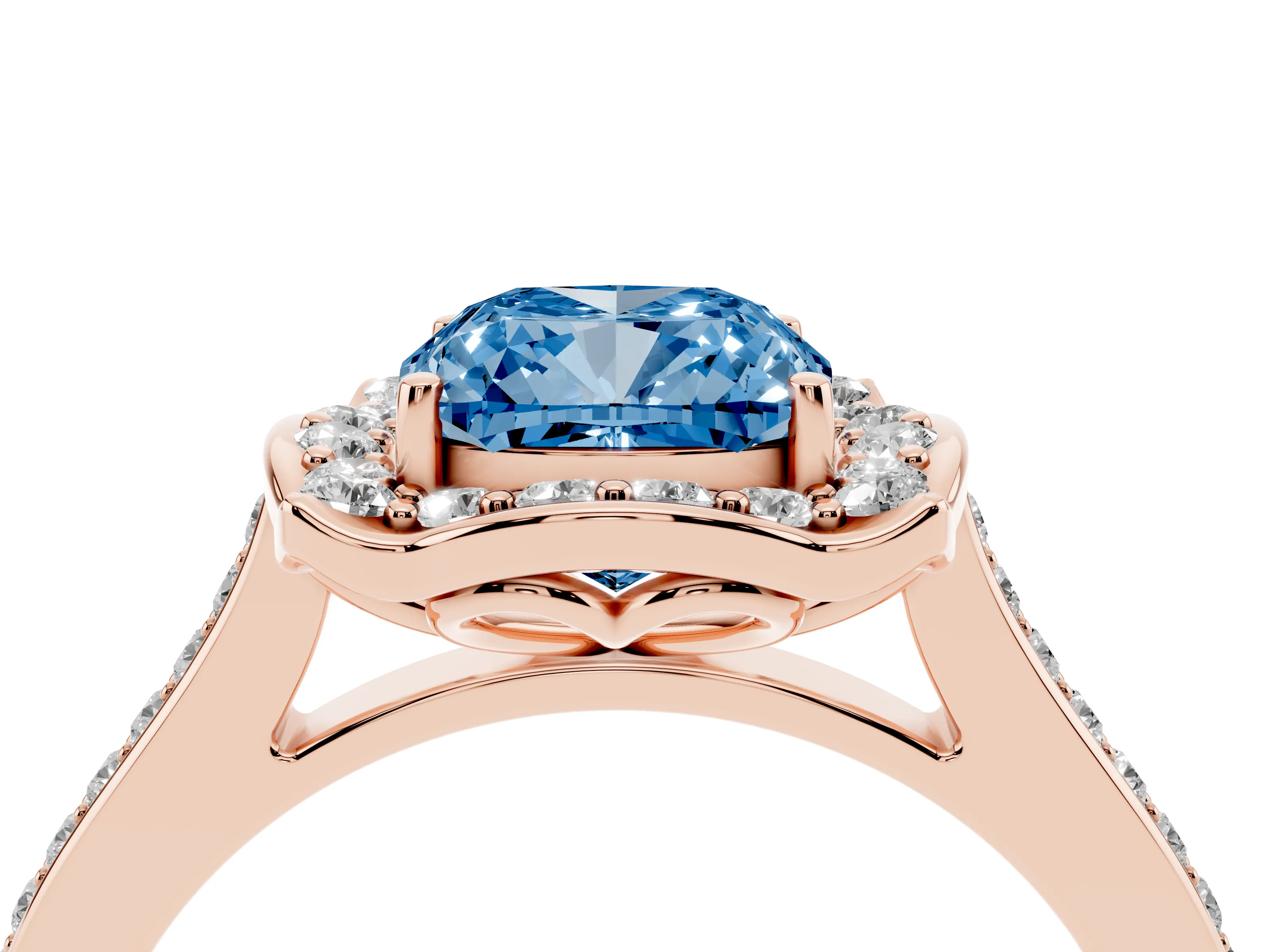 Fancy Blue Cushion Cut Diamond Halo Ring Set in Rose gold with Pavé-Lined Shoulders and Prong Setting