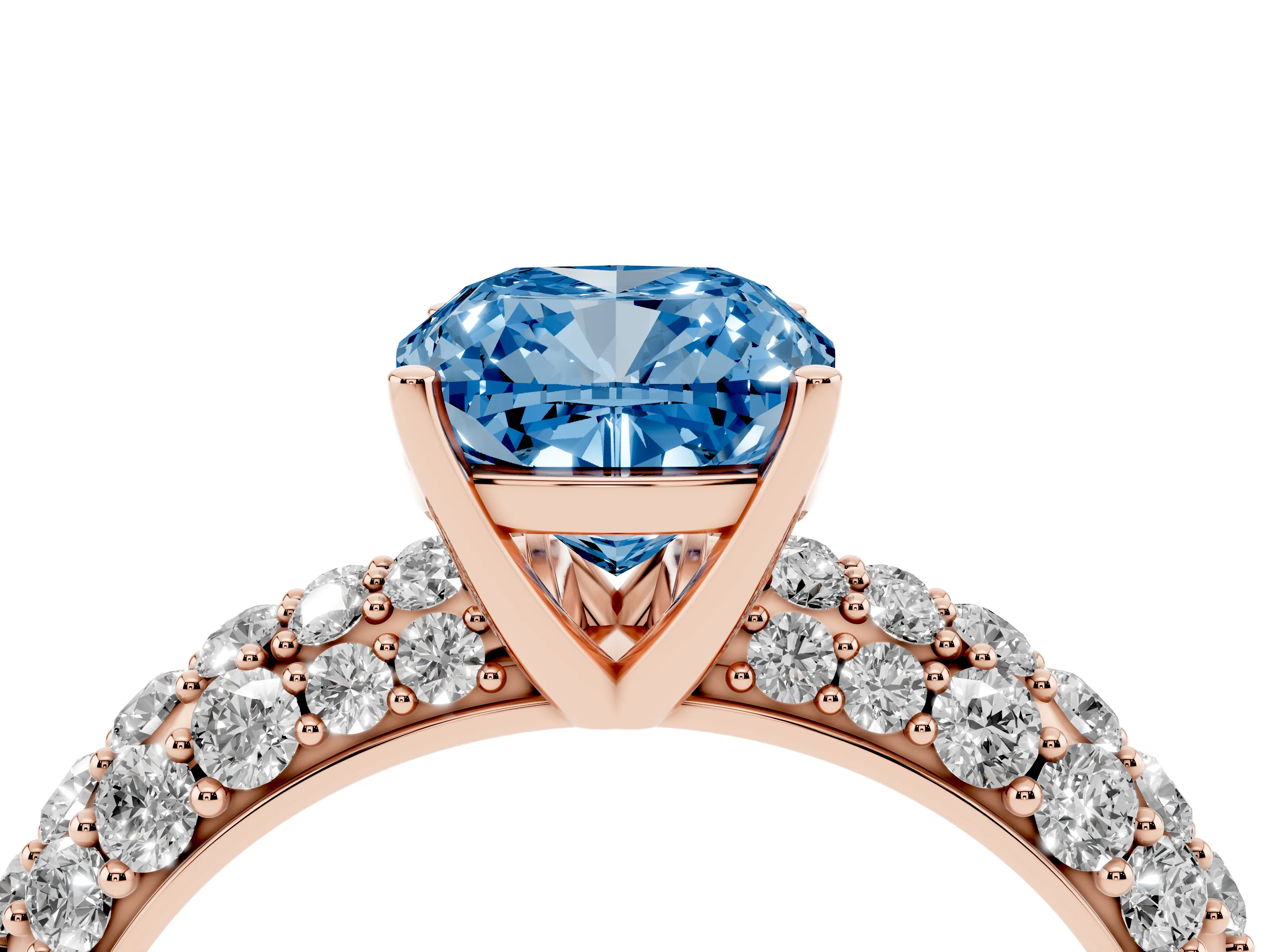 Fancy Blue Cushion Cut Diamond Pavé Band Solitaire Ring Set in Rose gold with Close-Set Accent Stones and Prong Setting