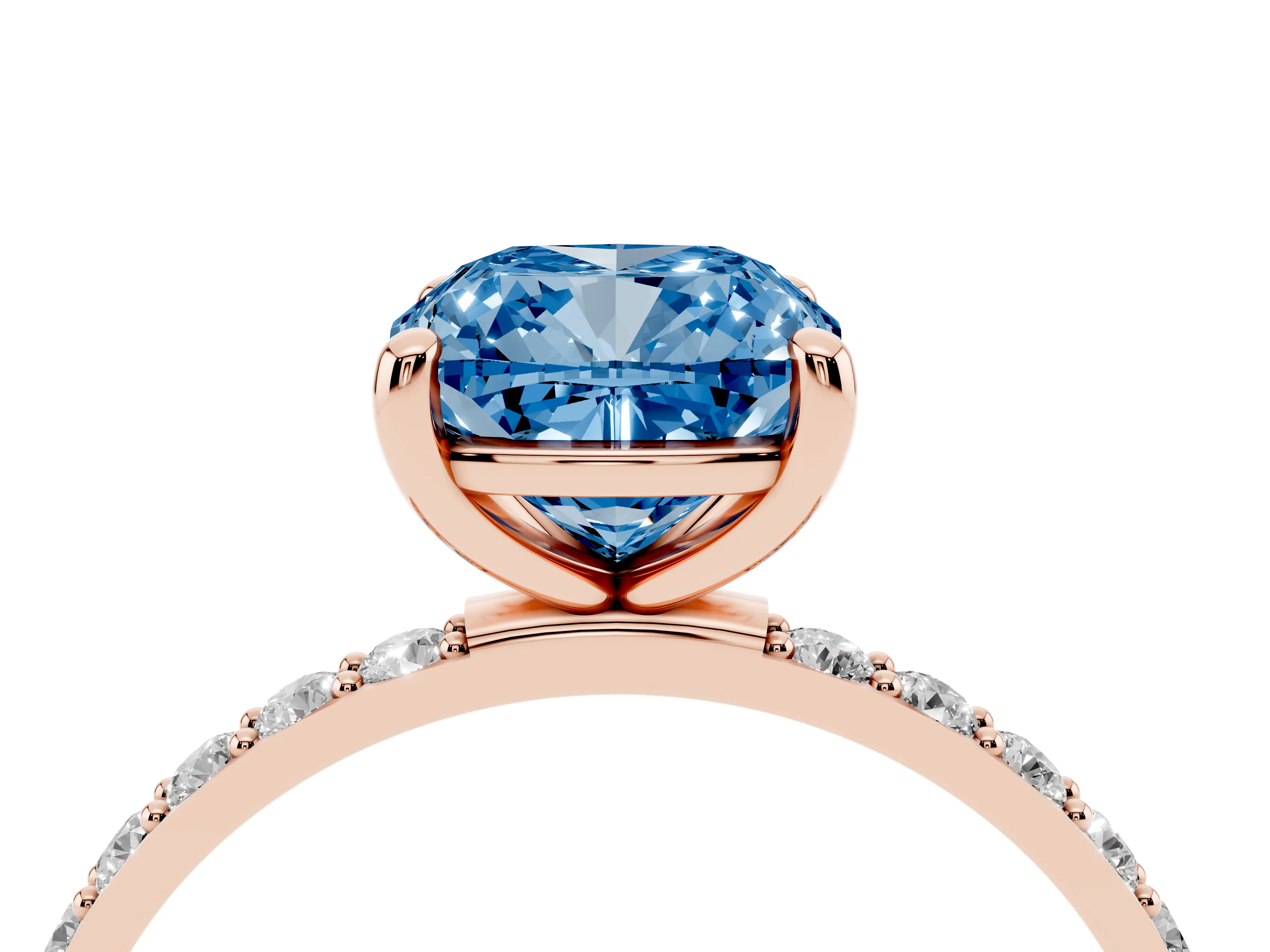 Fancy Blue Cushion Cut Diamond Solitaire Ring Set in Rose gold with Round Pavé Band and Prong Setting
