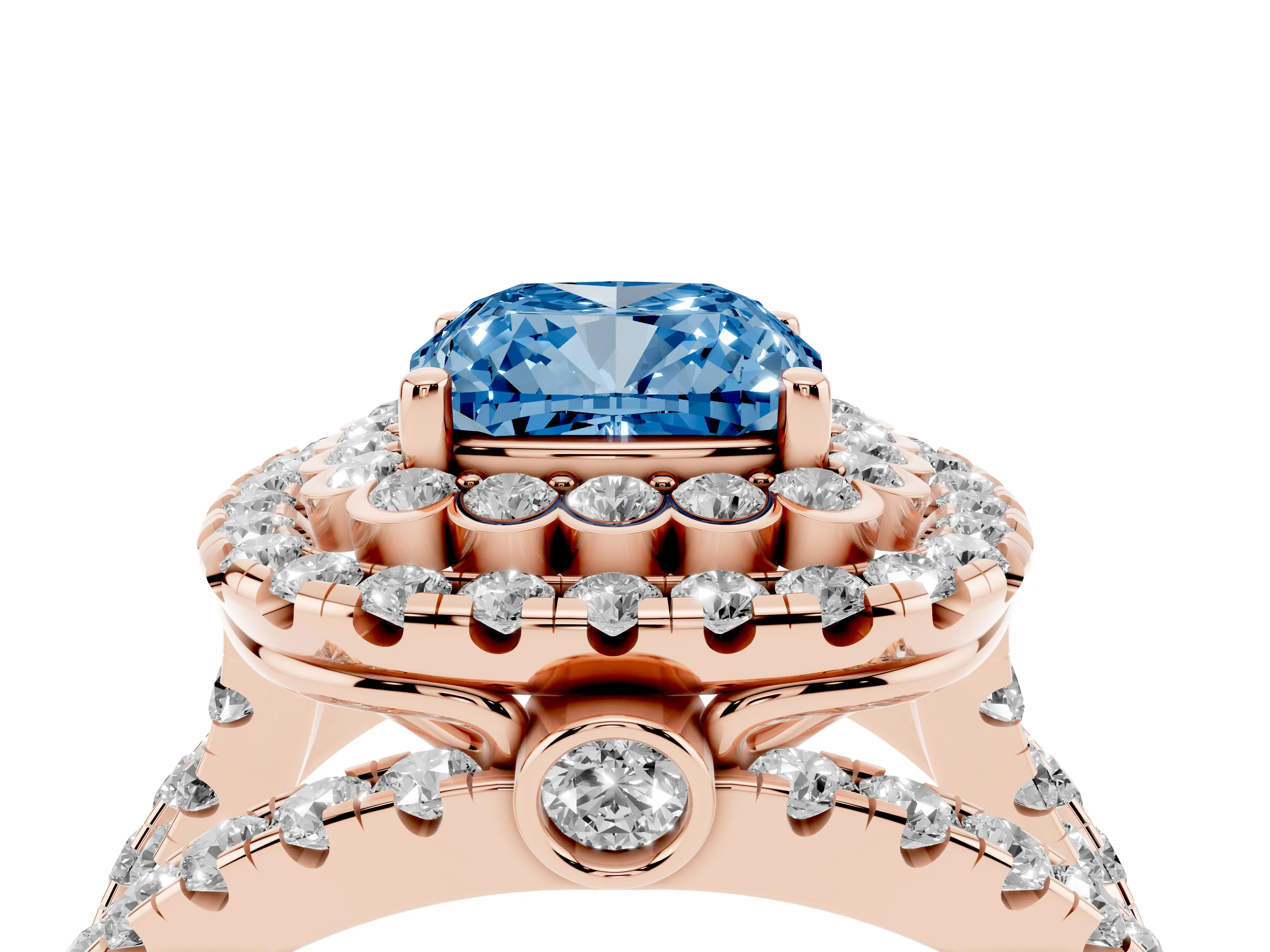 Fancy Blue Cushion Cut Diamond Double Halo Ring Set in Rose gold with Round Pavé Split Shank