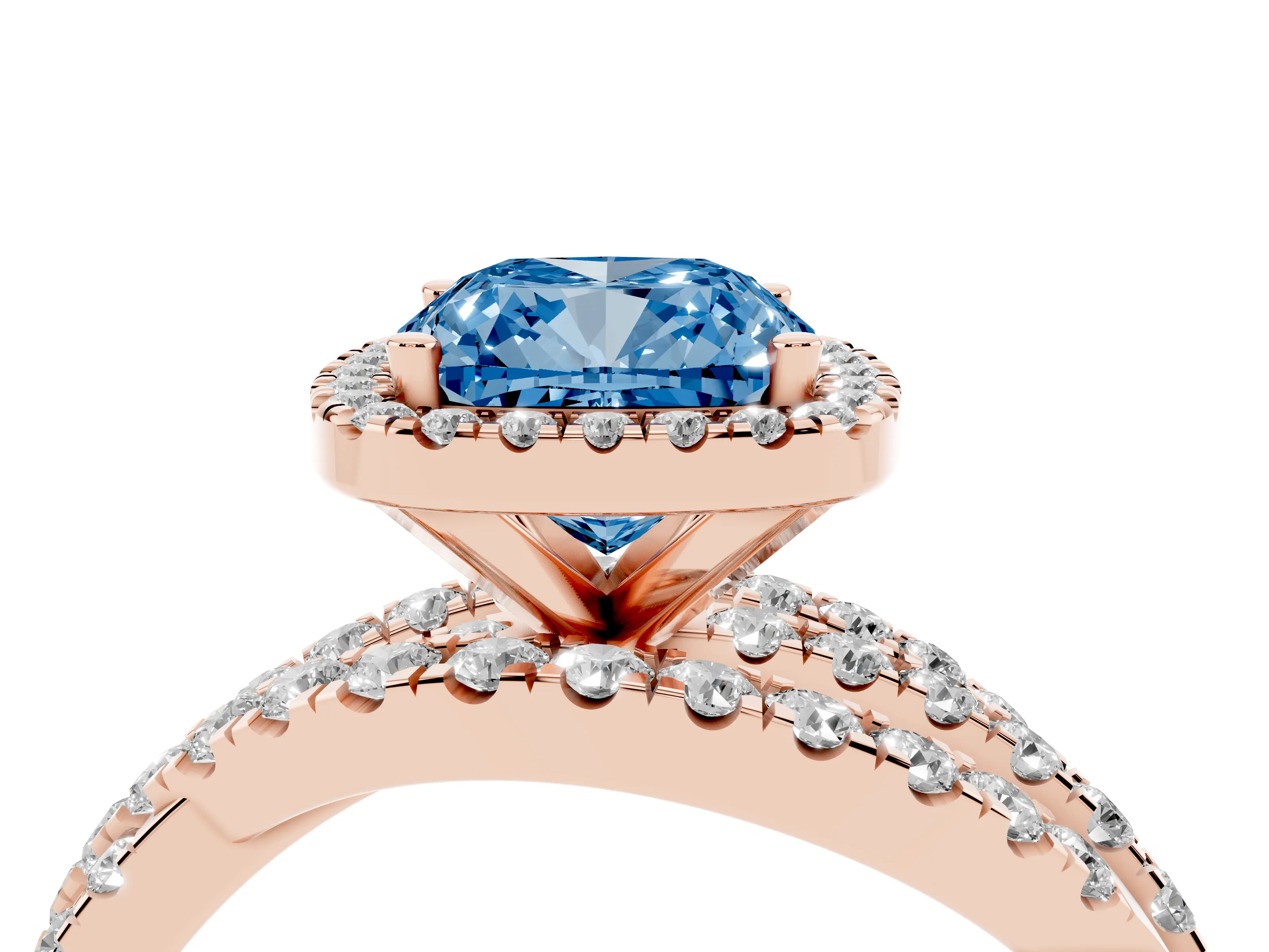 Fancy Blue Cushion Cut Diamond Halo Ring Set in Rose gold with Round Crossover Split Shank and Prong Setting