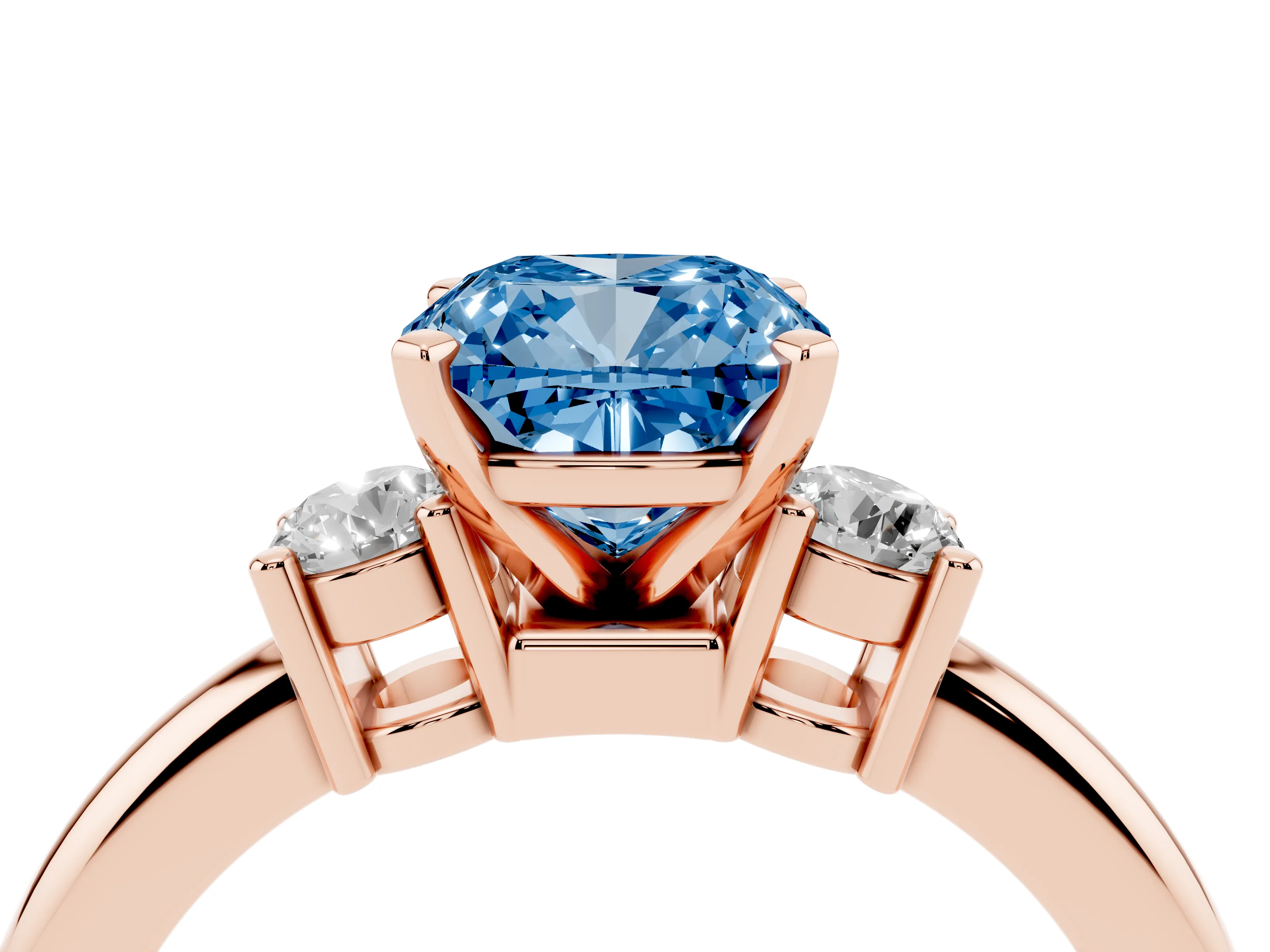 Fancy Blue Three-Stone Cushion Cut Diamond Ring Set in Rose gold with Prong Setting and Plain Band
